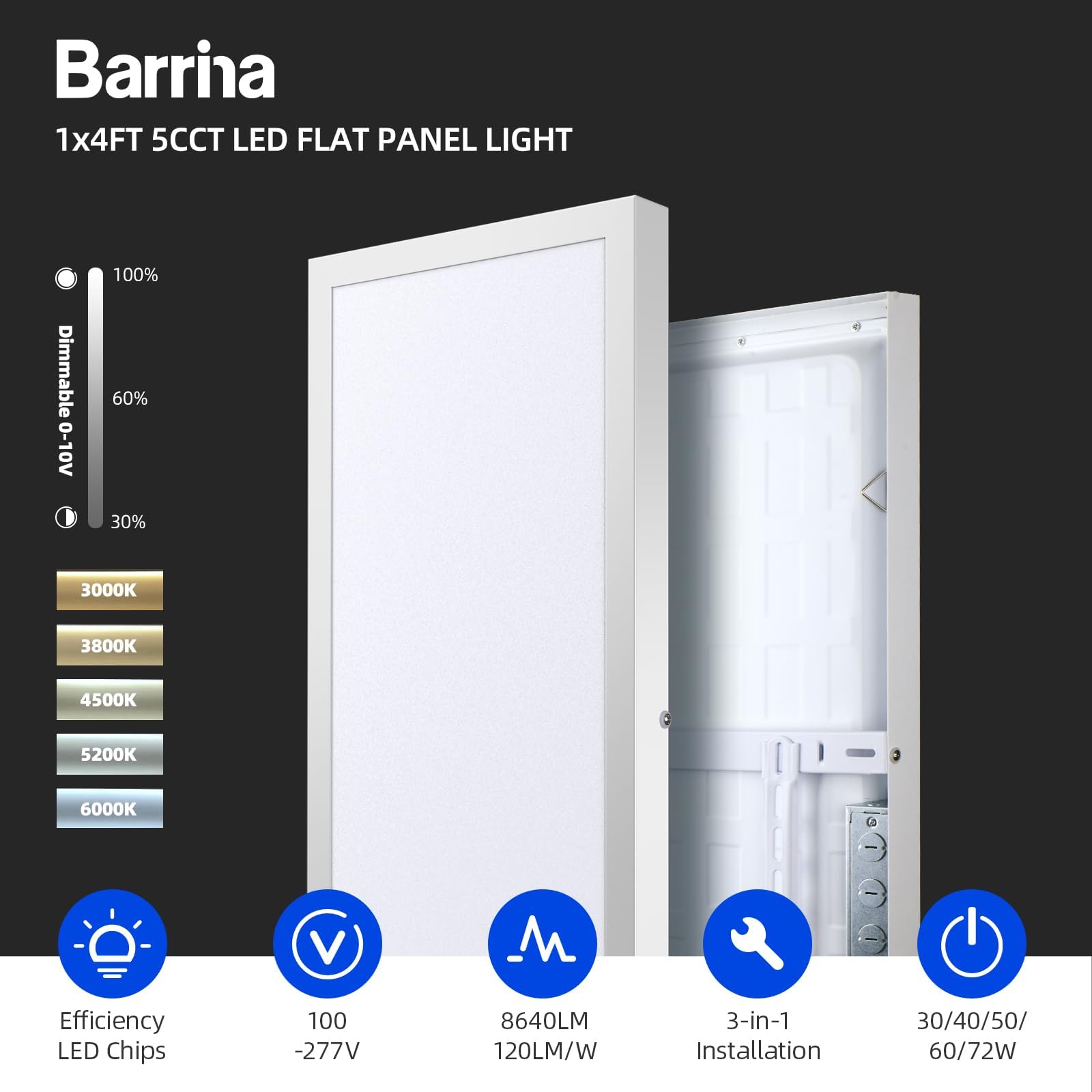 Barrina 72W LED Flat Panel Lights 3000K - 6000k 8640LM | 0-10V Switch & Dimmable | JM-6035