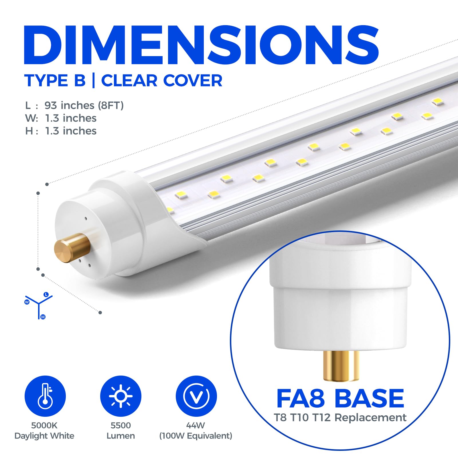 Barrina T8 44W LED Tube Lights 8FT 5000K 5000LM | Replacement for Fluorescent Tubes & CLear Cover | TBX44