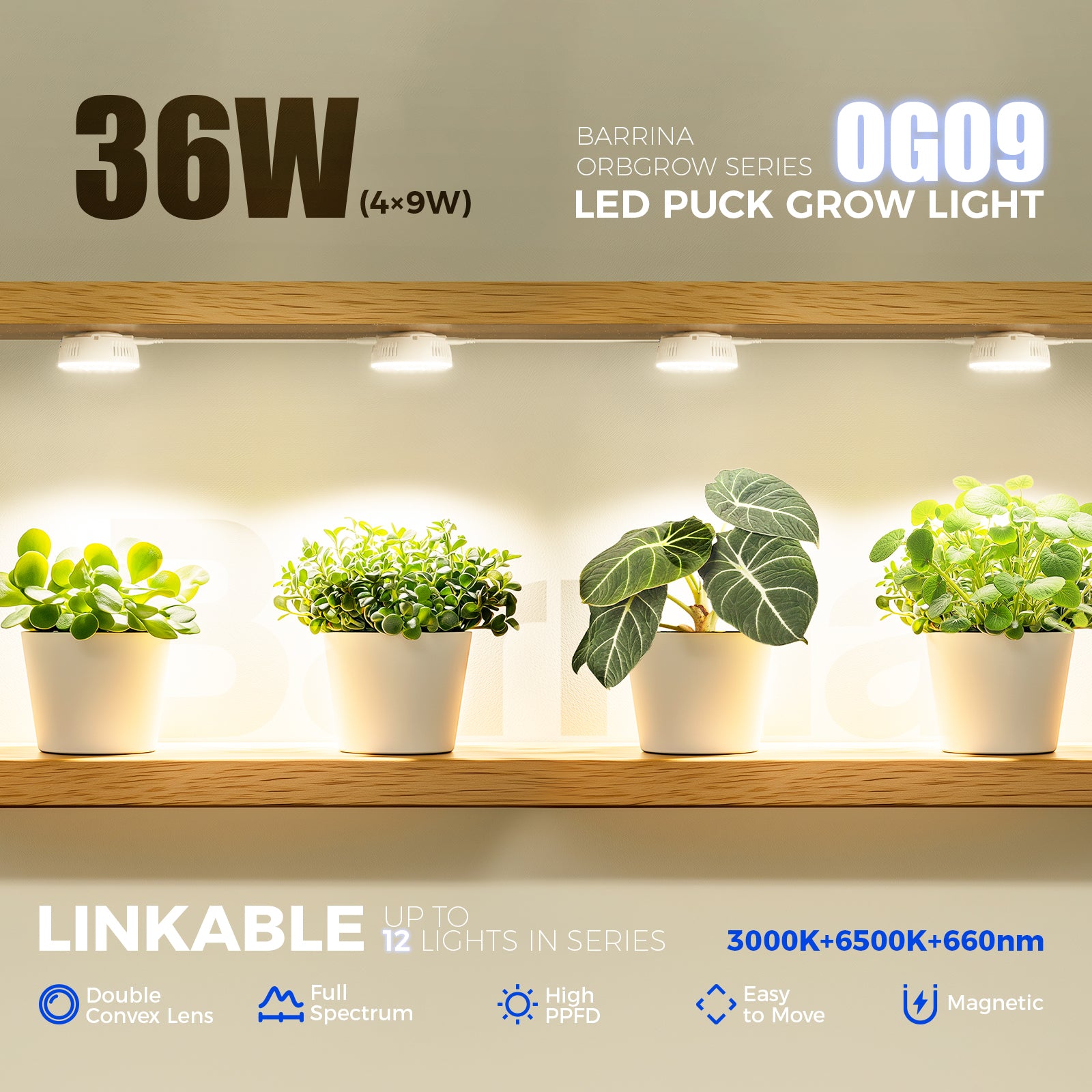 Barrina Orbgrow 9W LED Puck Grow Lights 3000K+6500K+660nm | Full Spectrum, Magnetic, Timer, Dimmable & Linkable | OG09