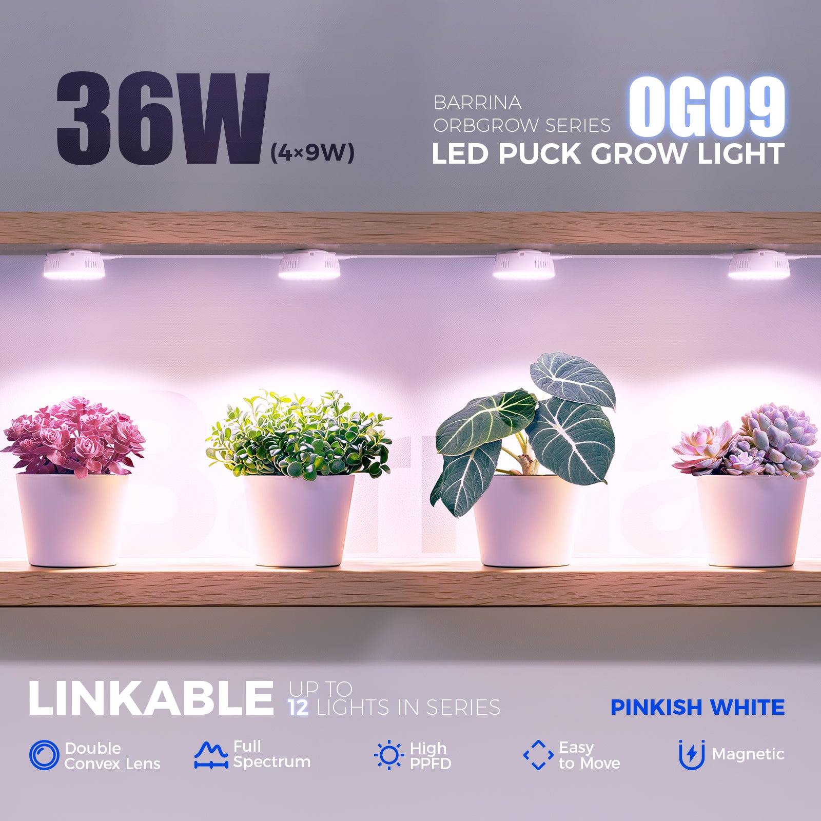 Barrina Orbgrow 9W LED Puck Grow Lights Pinkish White | Full Spectrum, Magnetic & Linkable | OG09