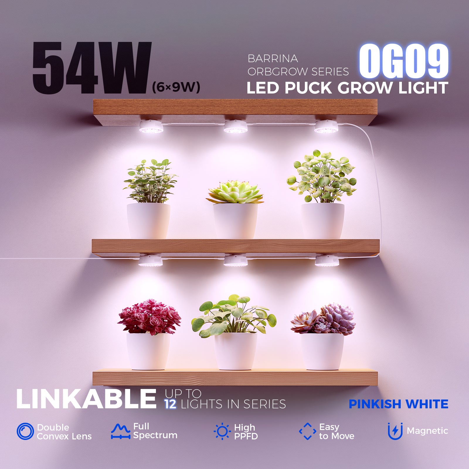 Barrina Orbgrow 9W LED Puck Grow Lights Pinkish White | Full Spectrum, Magnetic, Timer, Dimmable & Linkable | OG09