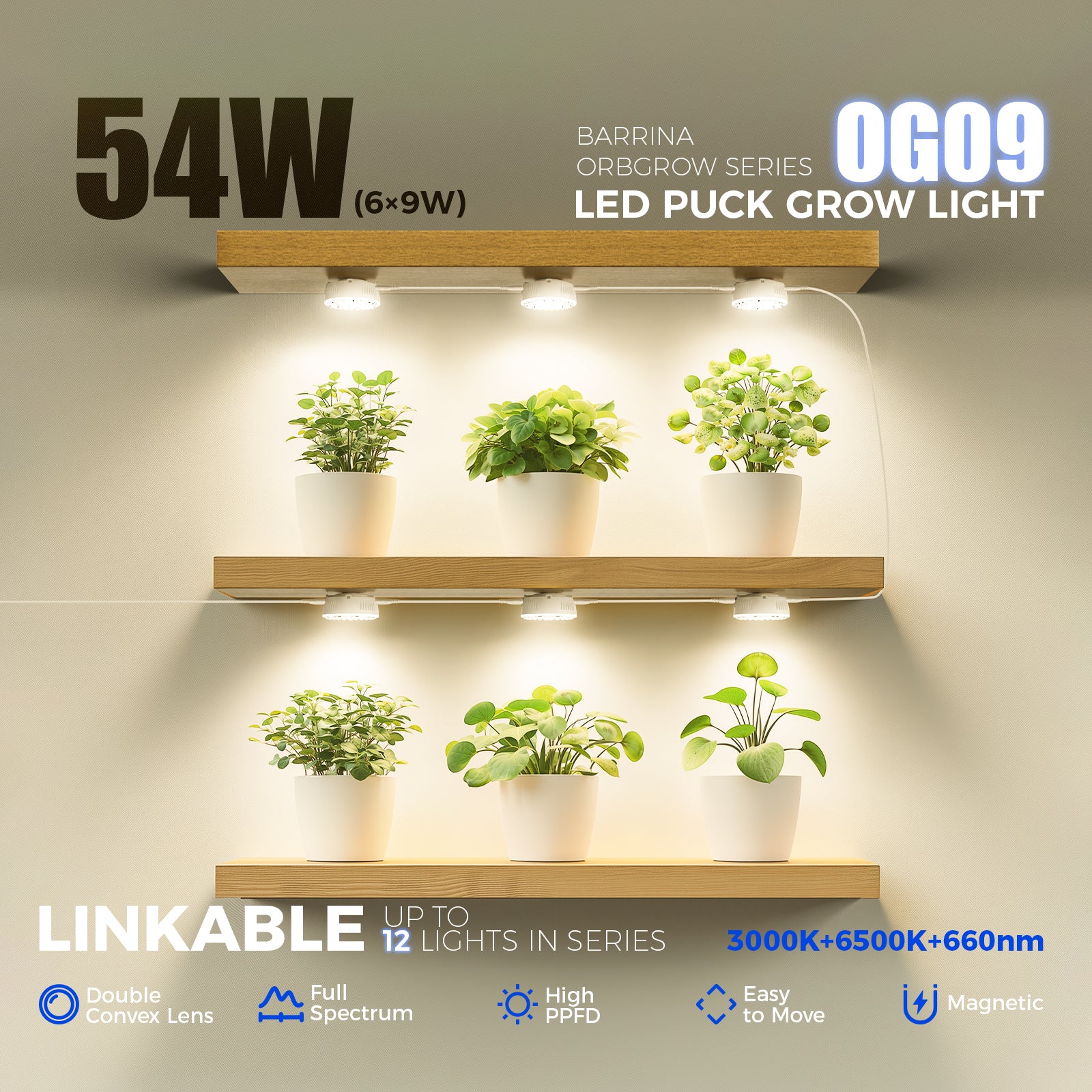 Barrina Orbgrow 9W LED Puck Grow Lights 3000K+6500K+660nm | Full Spectrum, Magnetic & Linkable | OG09