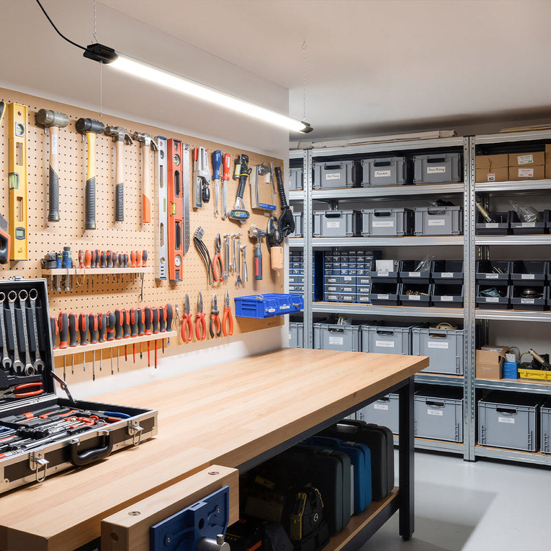 Barrina LED shop light installed in a garage workshop