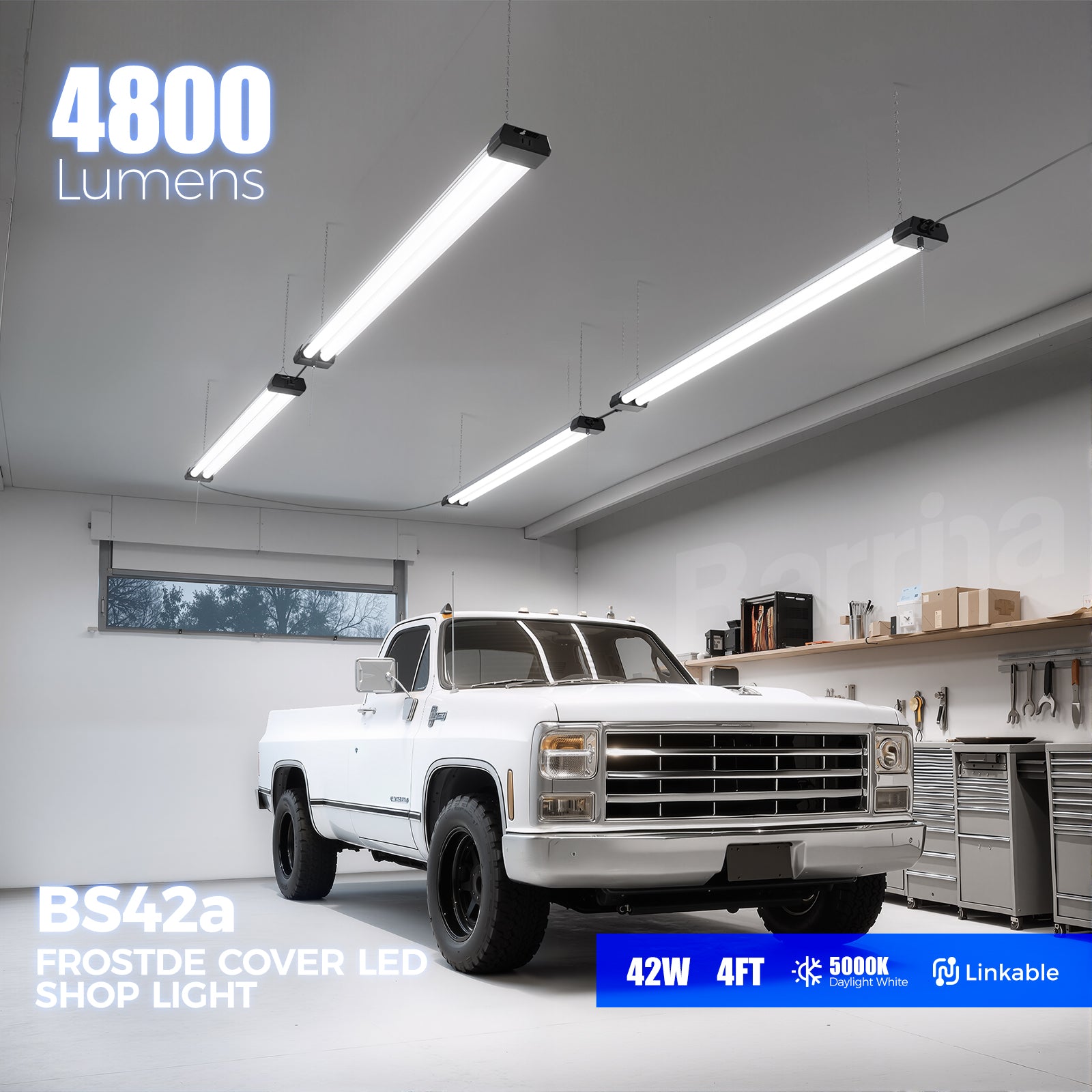 Barrina 42W LED Shop Lights 4FT 5000K 4800LM | Hanging, Linkable & Power Plug Cords | BS42a