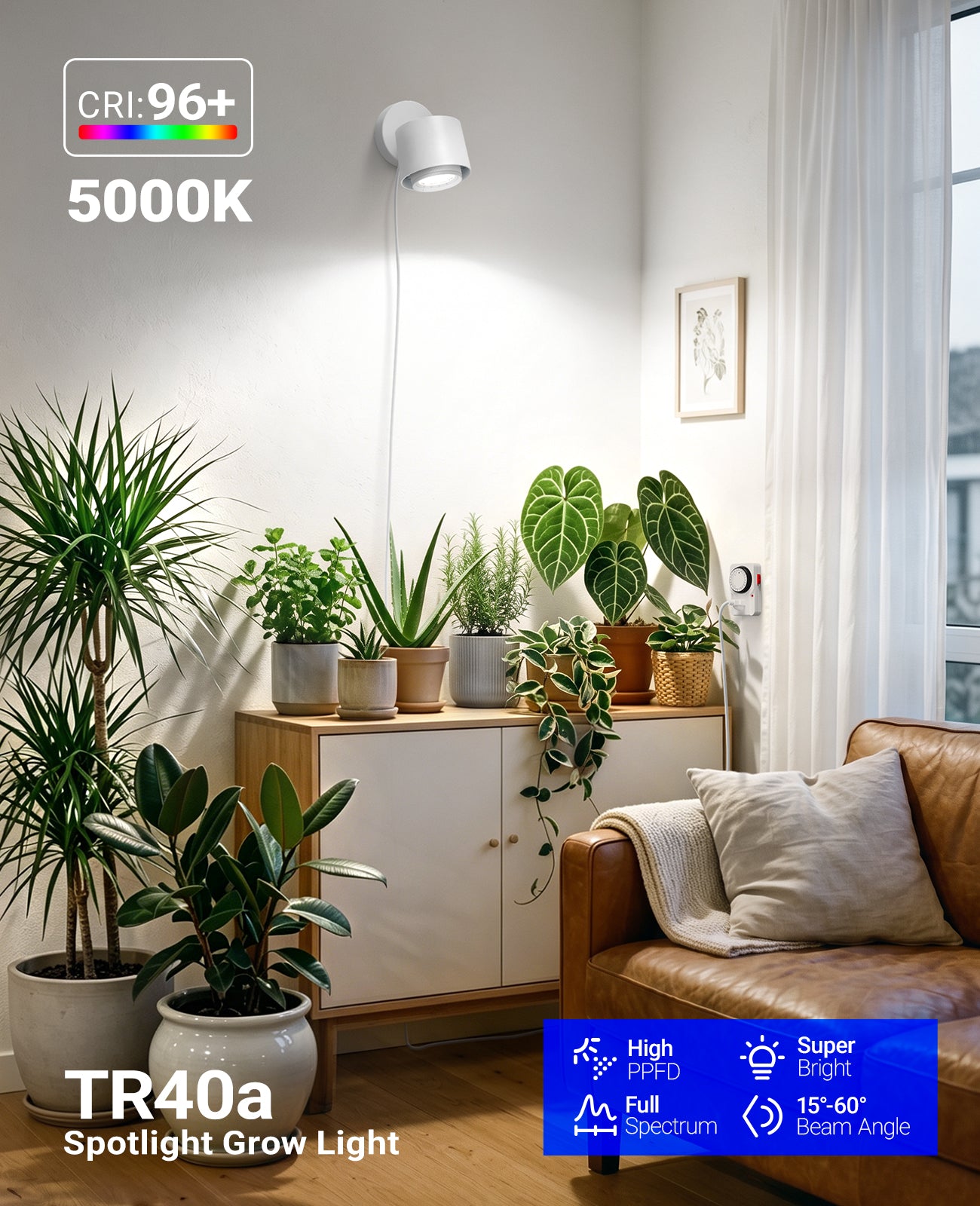 Barrina TR40a 40W LED Grow Lights 5000K | Full Spectrum, Mounted & Timer | TR40a (White)