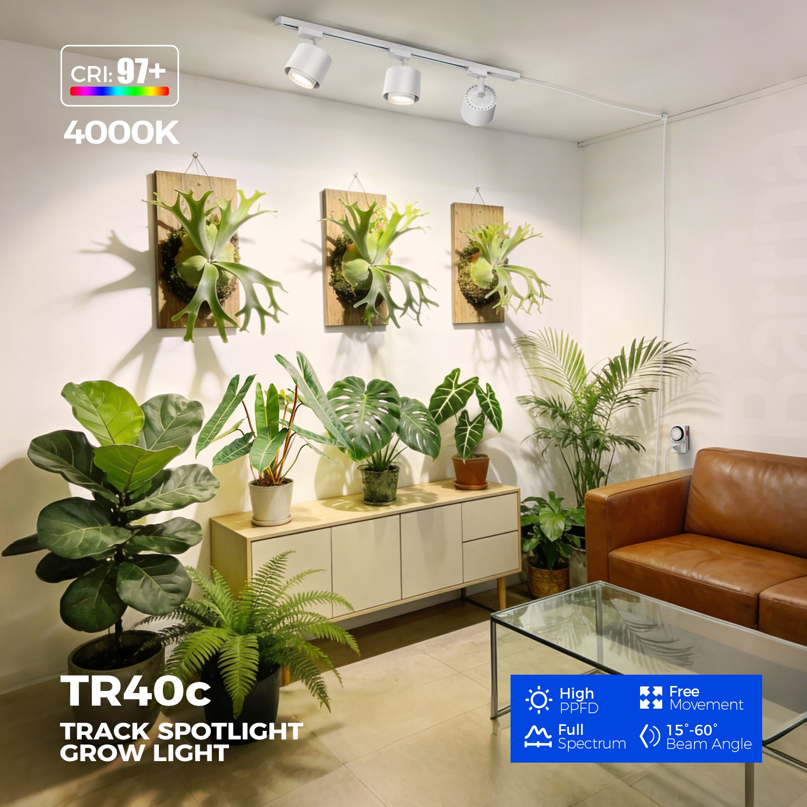 Barrina TR40c 3 x 40W LED Track Grow Lights 4000K | Full Spectrum, Ceiling Track & Timer | TR40c (White)