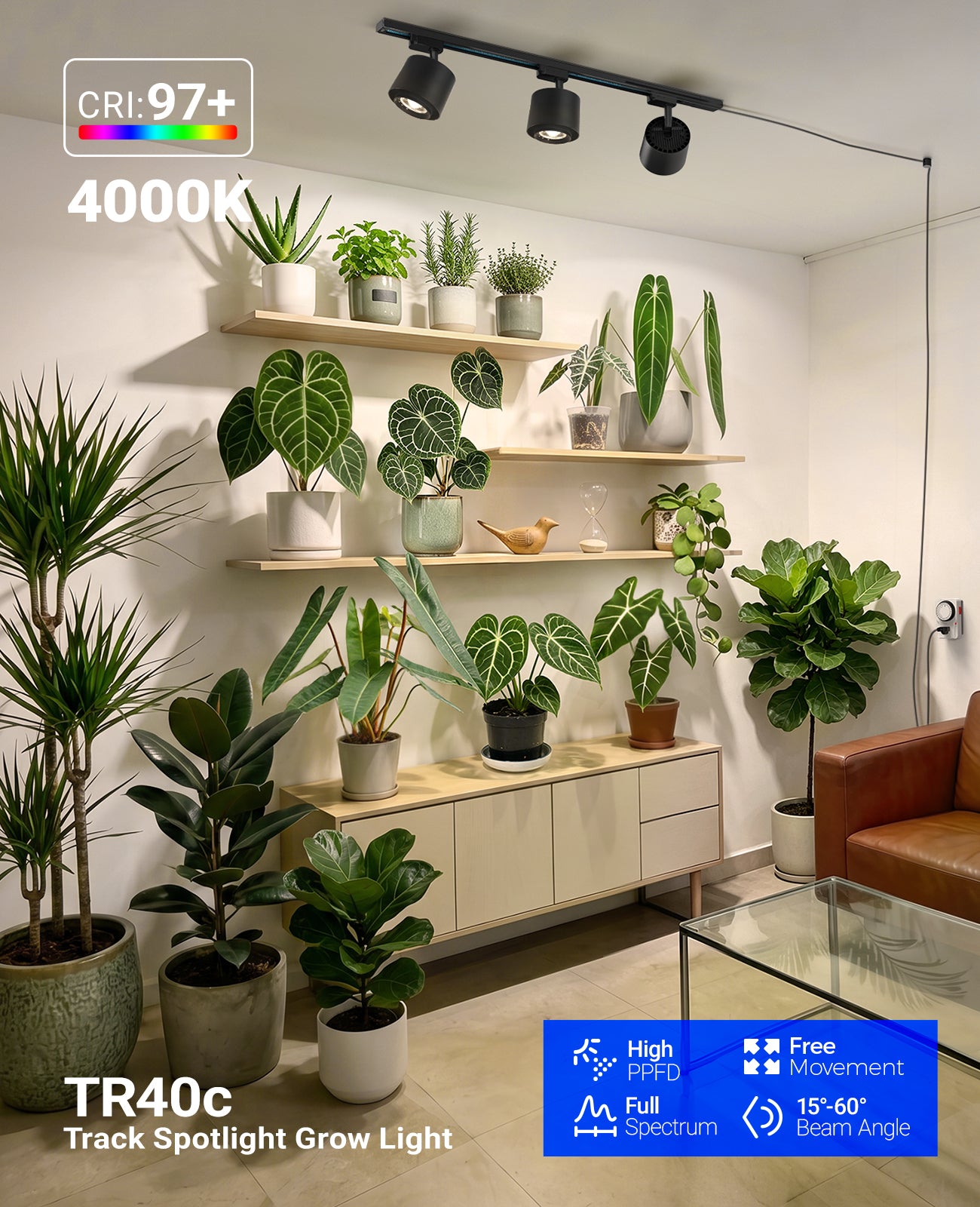 Barrina TR40c 3 x 40W LED Track Grow Lights 4000K | Full Spectrum, Ceiling Track & Timer | TR40c (Black)