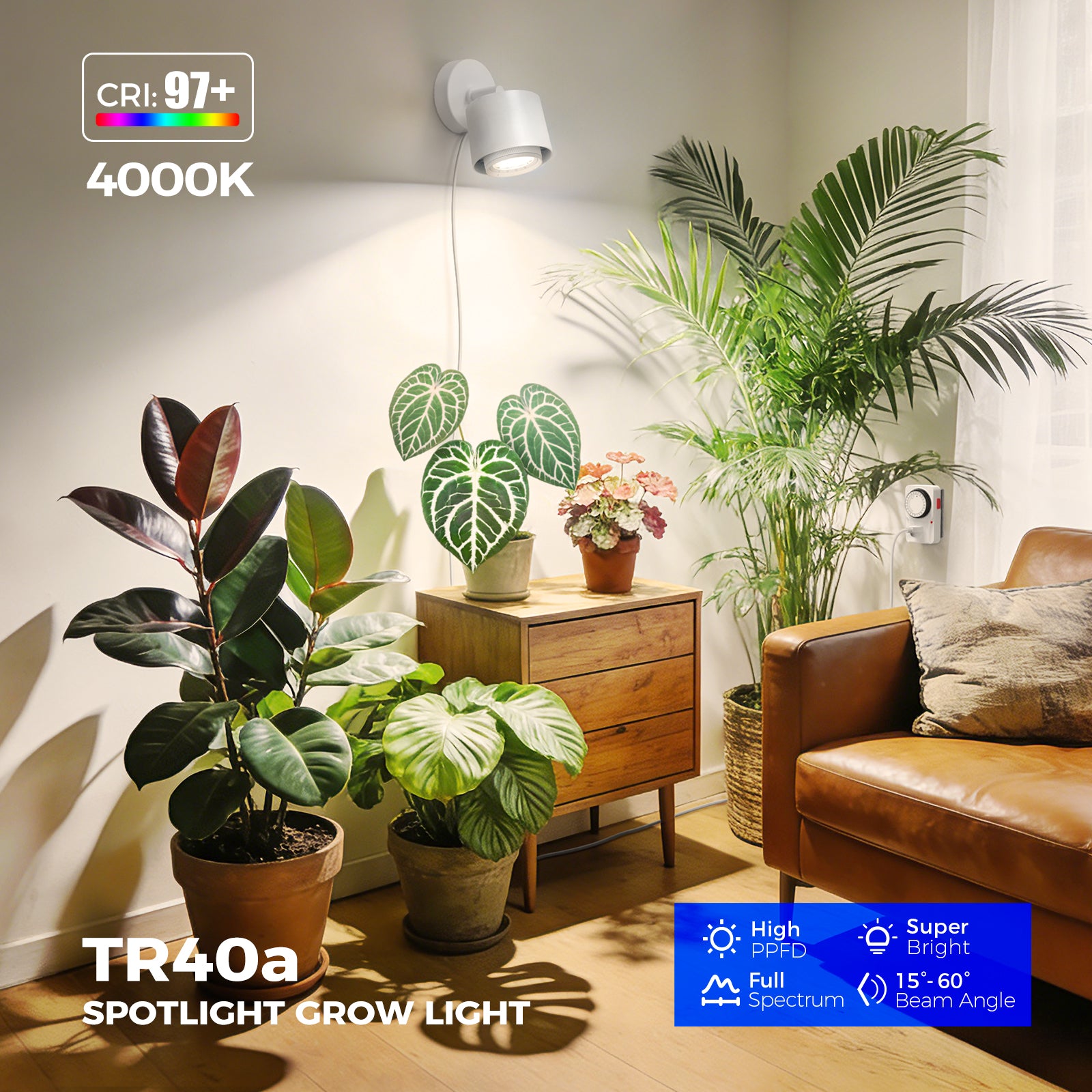 Barrina TR40a 40W LED Grow Lights 4000K | Full Spectrum, Mounted & Timer | TR40a (White)