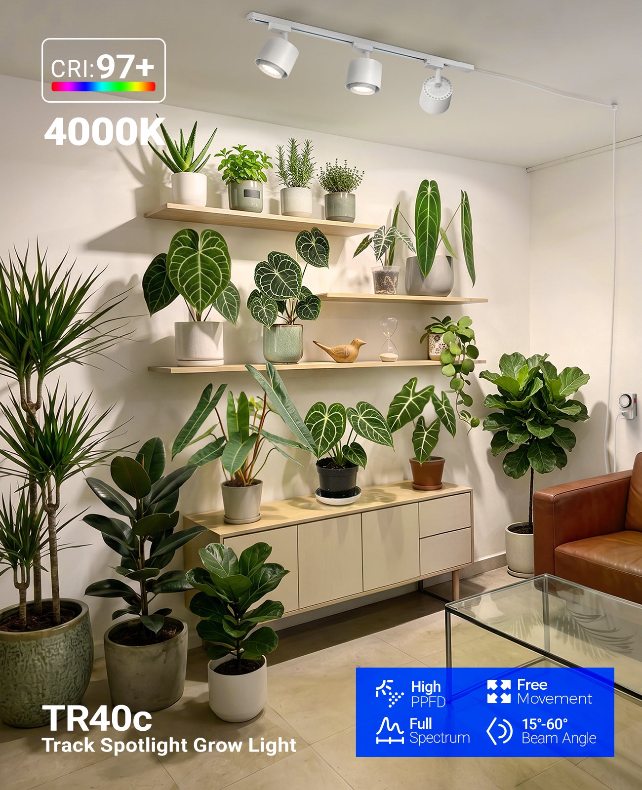 Barrina TR40c 3 x 40W LED Track Grow Lights 4000K | Full Spectrum, Ceiling Track & Timer | TR40c (White)