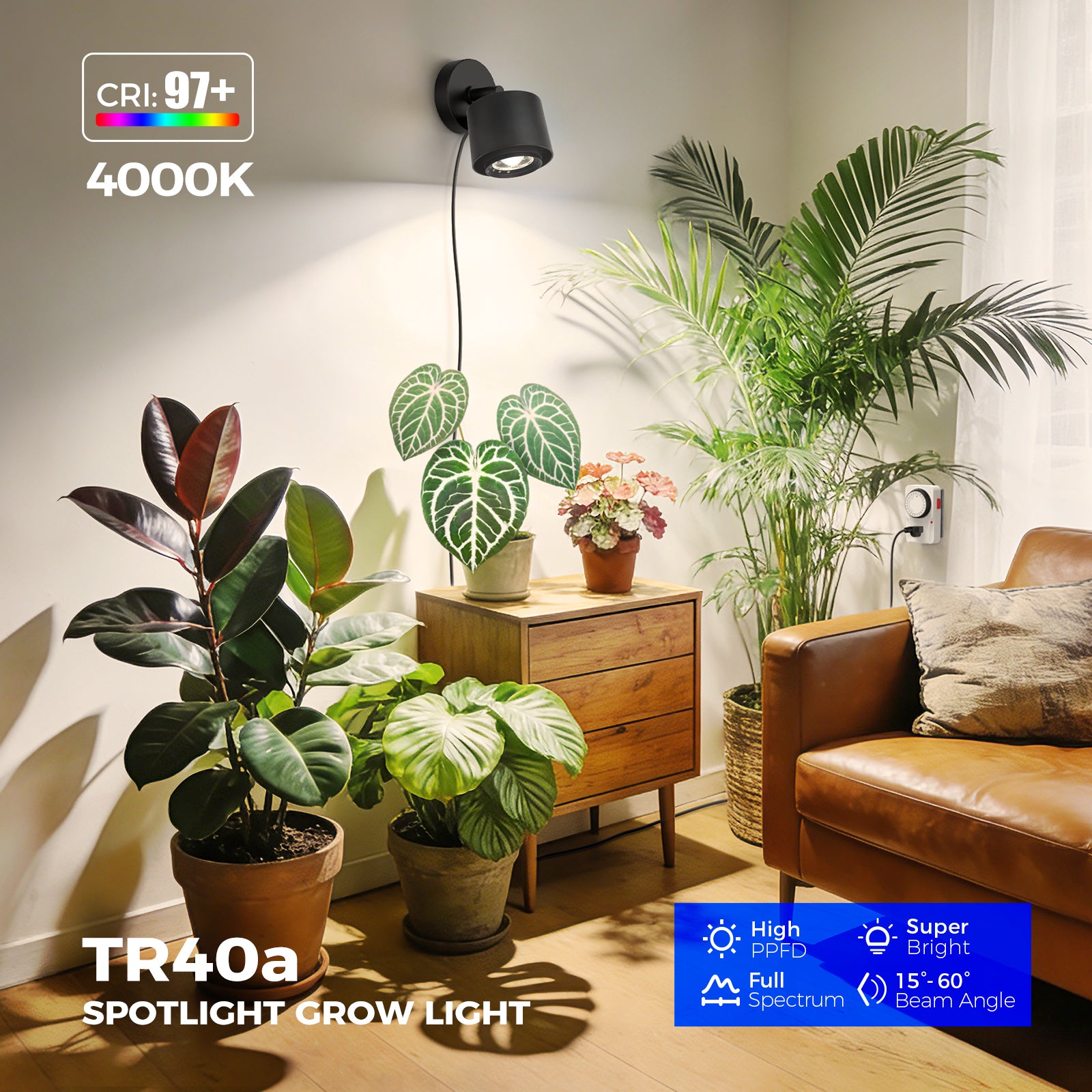 Barrina TR40a 40W LED Grow Lights 4000K | Full Spectrum, Mounted & Timer | TR40a (Black)