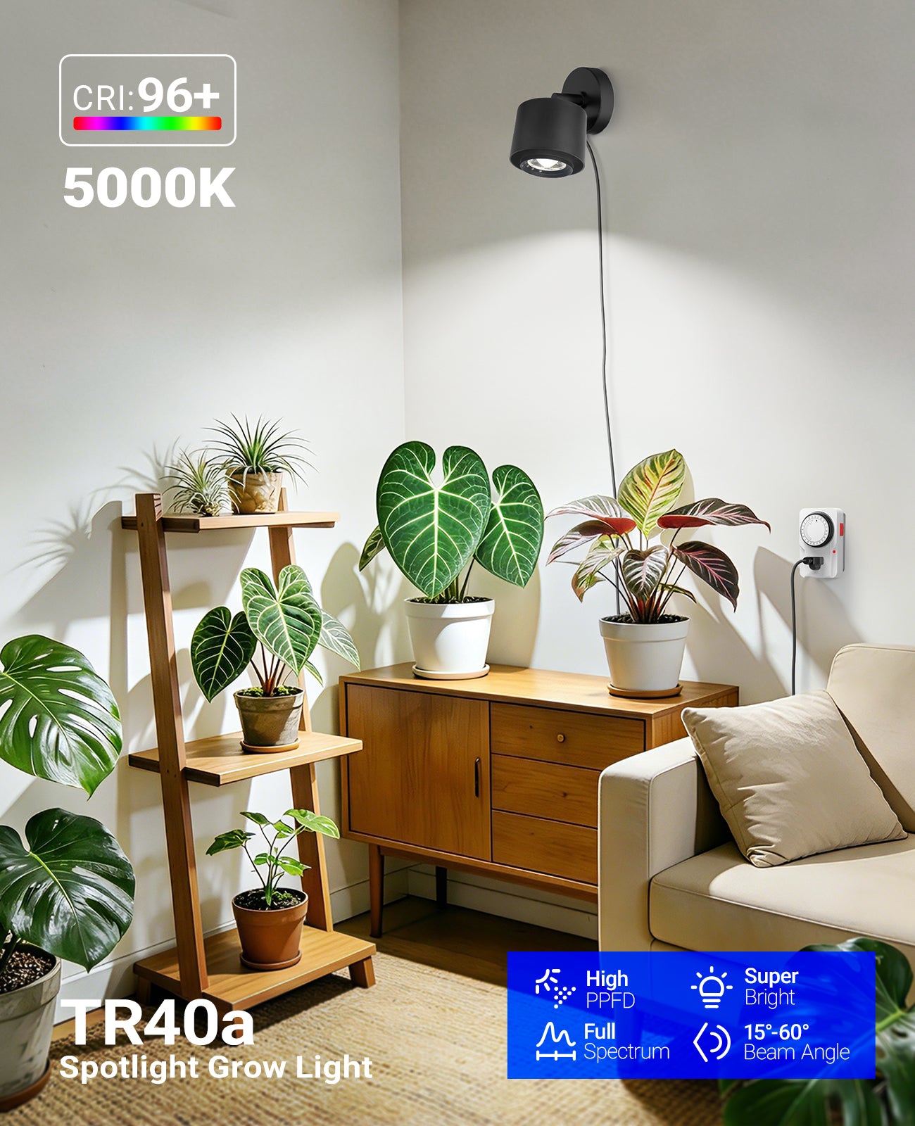 Barrina TR40a 40W LED Grow Lights 5000K | Full Spectrum, Mounted & Timer | TR40a (Black)