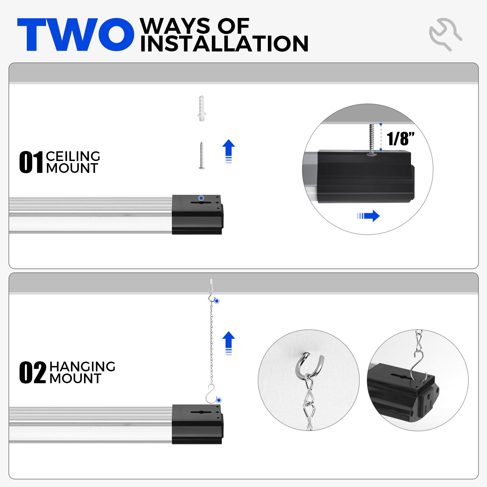 Barrina 168W LED Shop Lights 8FT 5000K 16800LM | Hanging, Linkable & Power Plug Cords | BS168