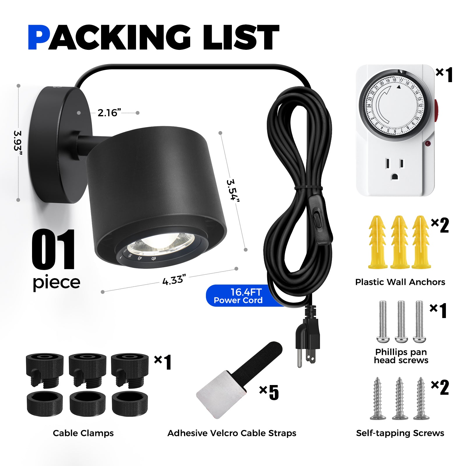 Barrina TR40a 40W LED Grow Lights 5000K | Full Spectrum, Mounted & Timer | TR40a (Black)