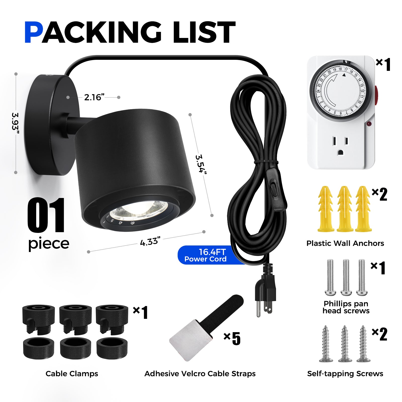 Barrina TR40a 40W LED Grow Lights 4000K | Full Spectrum, Mounted & Timer | TR40a (Black)