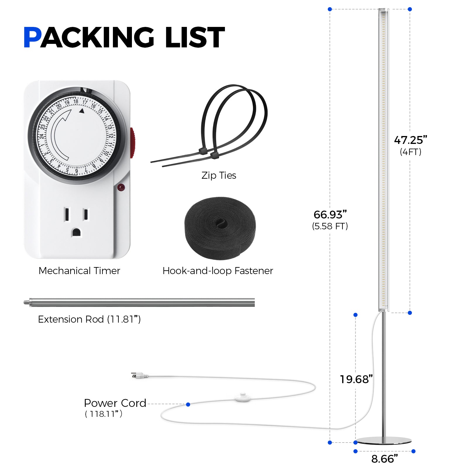 Barrina T1S 65W LED Standing Grow Light 5FT-5.6FT 5000K | Full Spectrum & Timer | K10R65
