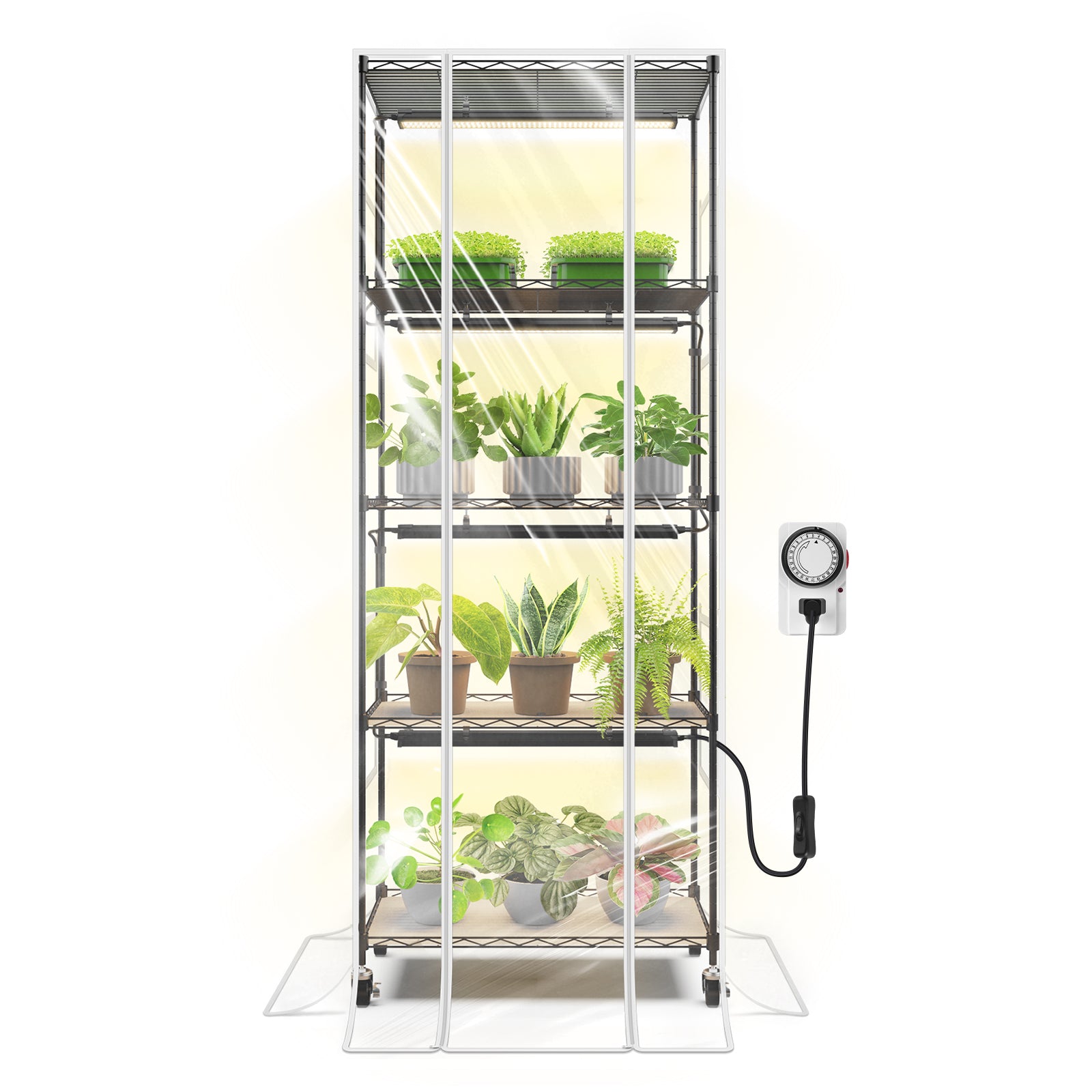 Barrina 5-Tier Plant Stand with 4-Pack 25W TX Series Grow Lights 1.6FT Yellow Light | Full Spectrum, Tent & Timer | CX91