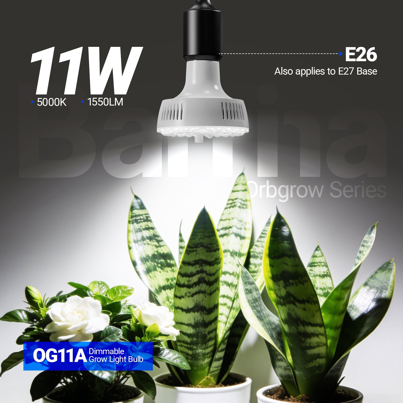 Barrina Orbgrow 11W LED Grow Light Bulb 5000K | Full Spectrum, Dimmable, Timer & E26 Base | OG11A (White)