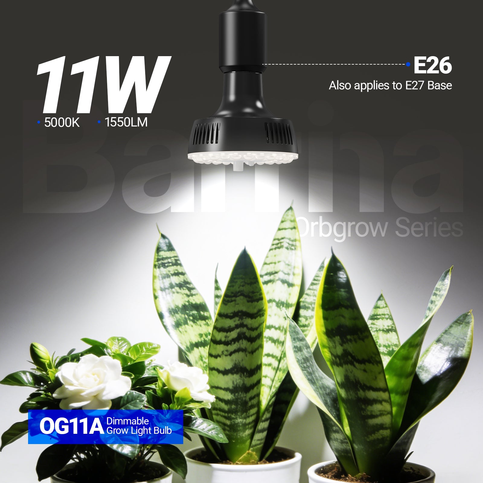 Barrina Orbgrow 11W LED Grow Light Bulb 5000K | Full Spectrum, Dimmable, Timer & E26 Base | OG11A (Black)