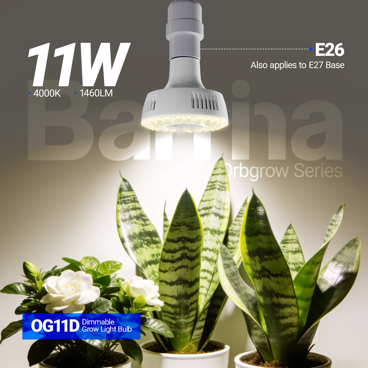 Barrina Orbgrow 11W LED Grow Light Bulb 4000K | Full Spectrum,Dimmable,Timer & E26 Base | OG11D (White)
