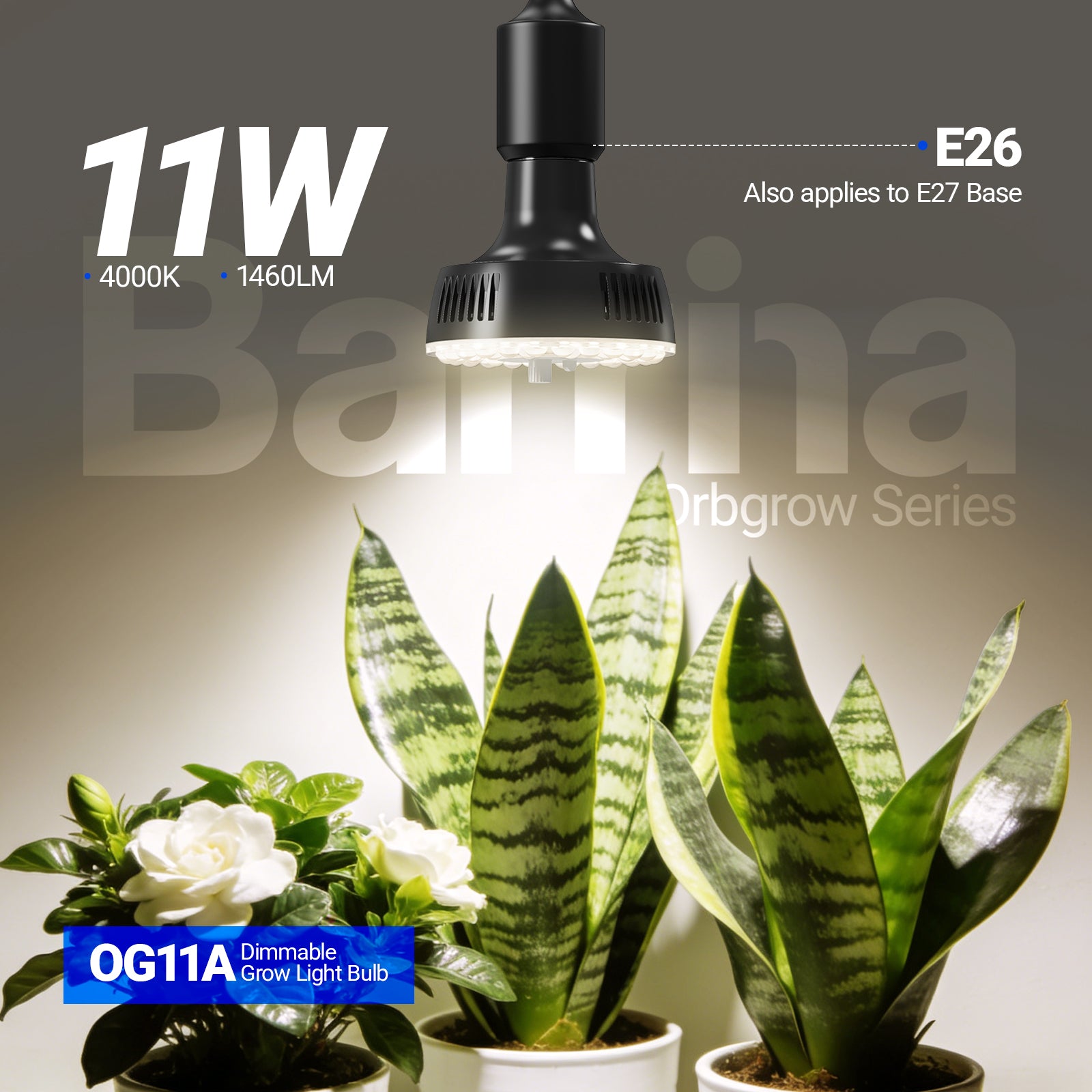 Barrina Orbgrow 11W LED Grow Light Bulb 4000K | Full Spectrum, Dimmable, Timer & E26 Base | OG11A (Black)