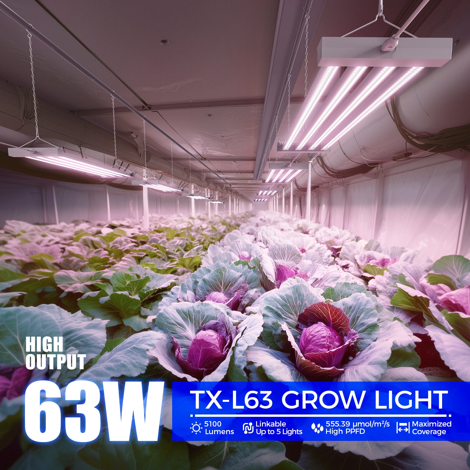 Barrina TX-L63 63W LED Grow Lights 3FT Pinkish White | Full Spectrum & Linkable | TX-L63