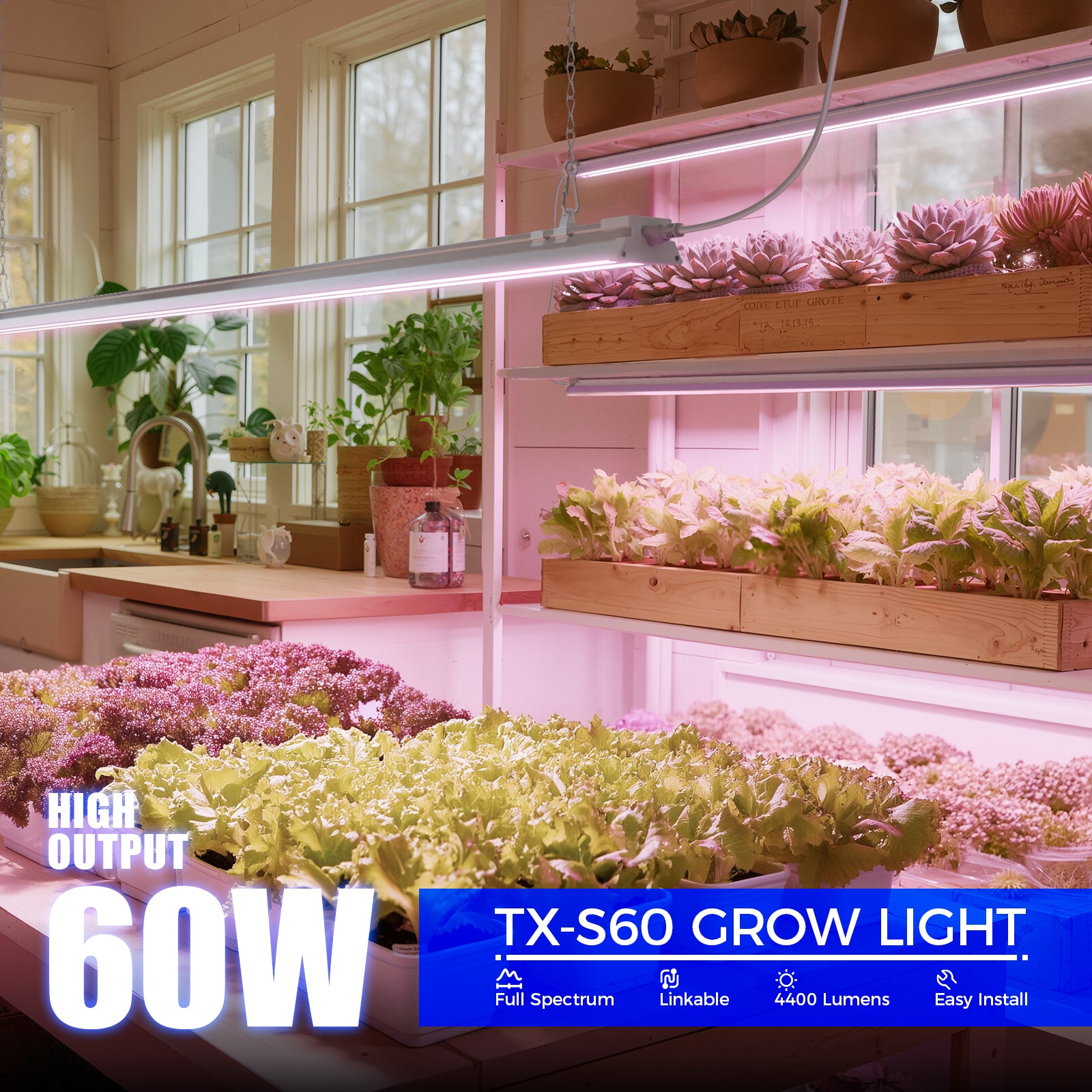 Barrina TX-S60 60W LED Grow Lights 4FT Pink Light | Full Spectrum & Linkable | TX-S60