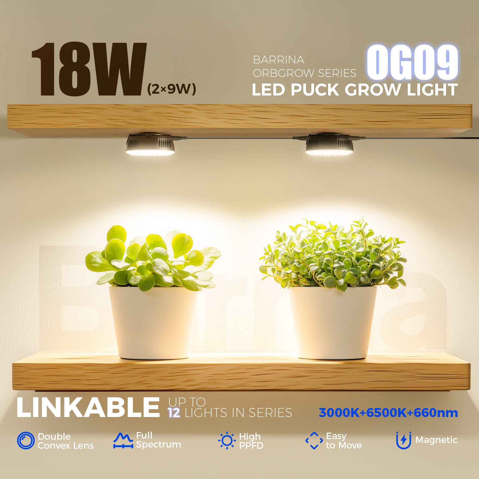 Barrina Orbgrow 9W LED Puck Grow Lights 3000K+6500K+660nm | Full Spectrum, Magnetic, Timer, Dimmable & Linkable | OG09