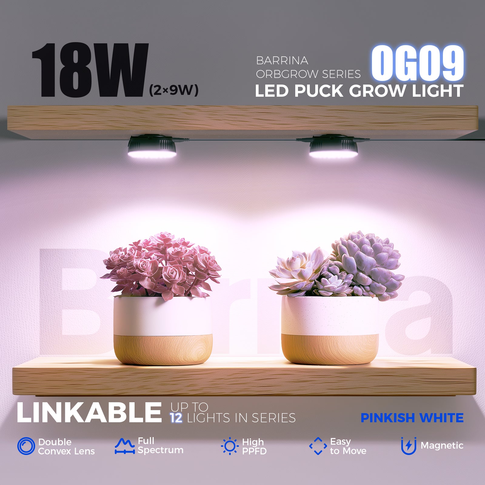 Barrina Orbgrow 9W LED Puck Grow Lights Pinkish White | Full Spectrum, Magnetic & Linkable | OG09