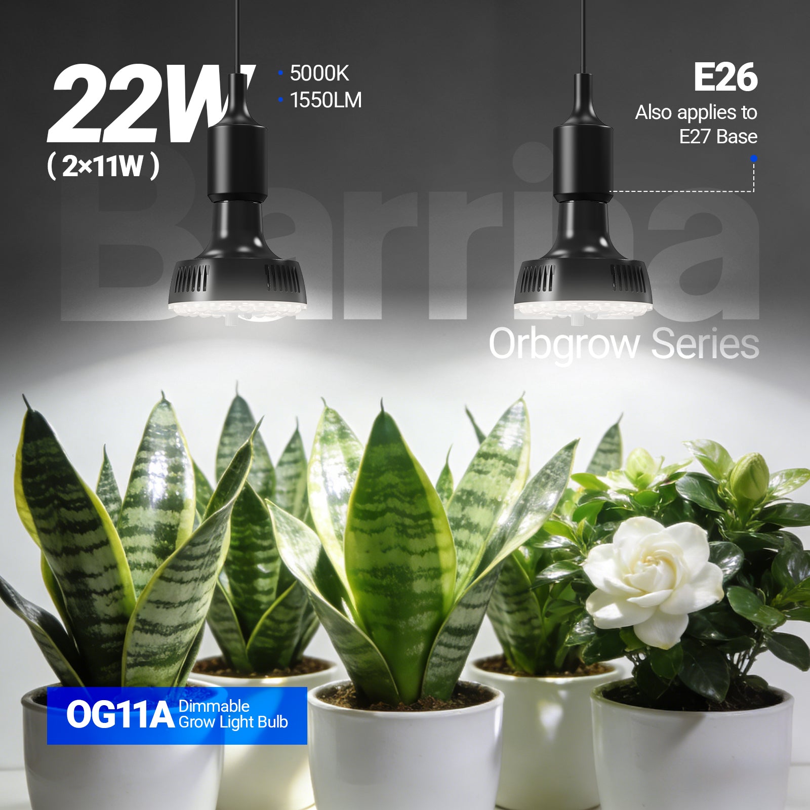 Barrina Orbgrow 11W LED Grow Light Bulb 5000K | Full Spectrum, Dimmable, Timer & E26 Base | OG11A (Black)
