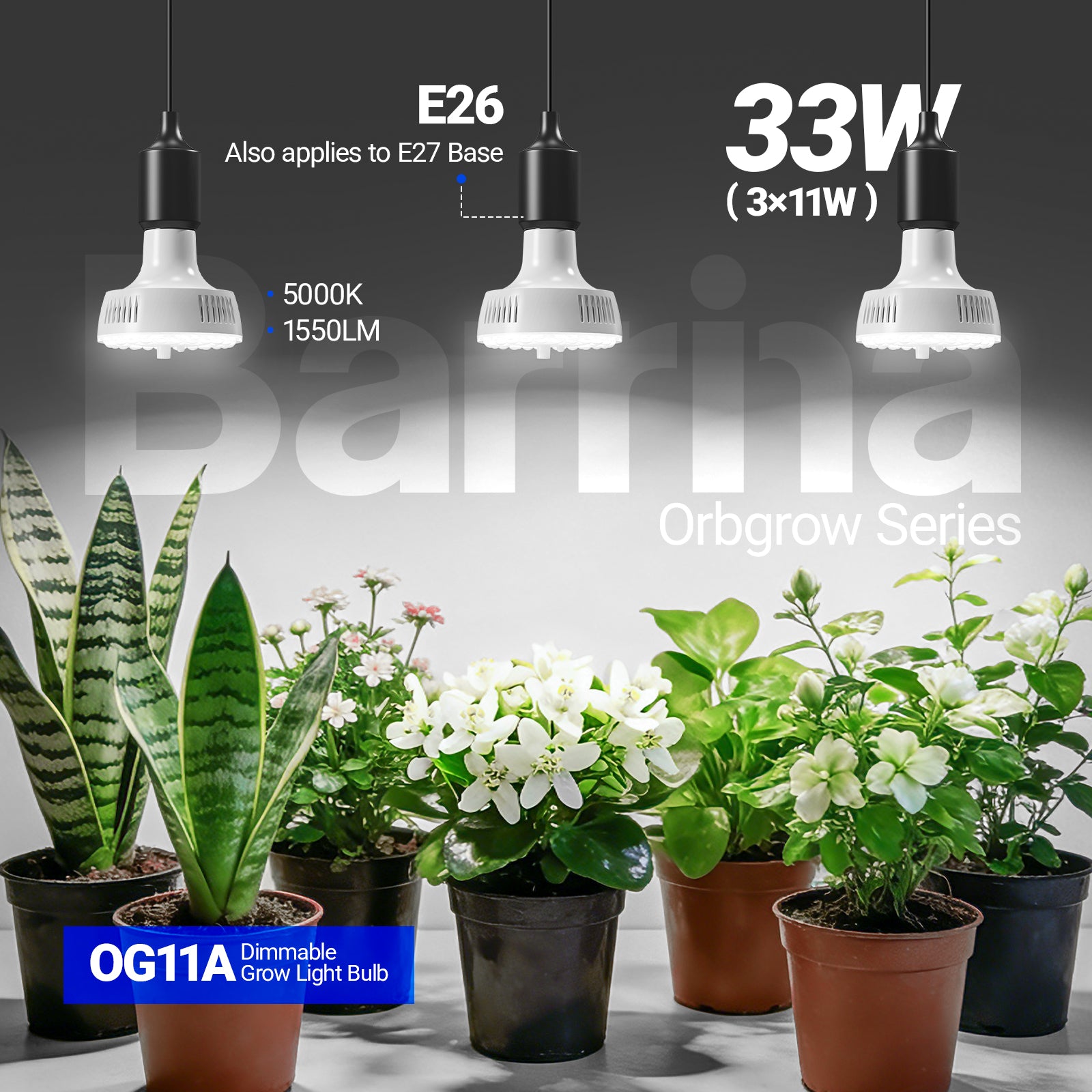 Barrina Orbgrow 11W LED Grow Light Bulbs 5000K | Full Spectrum, Dimmable, Timer & E26 Base | OG11A (White)