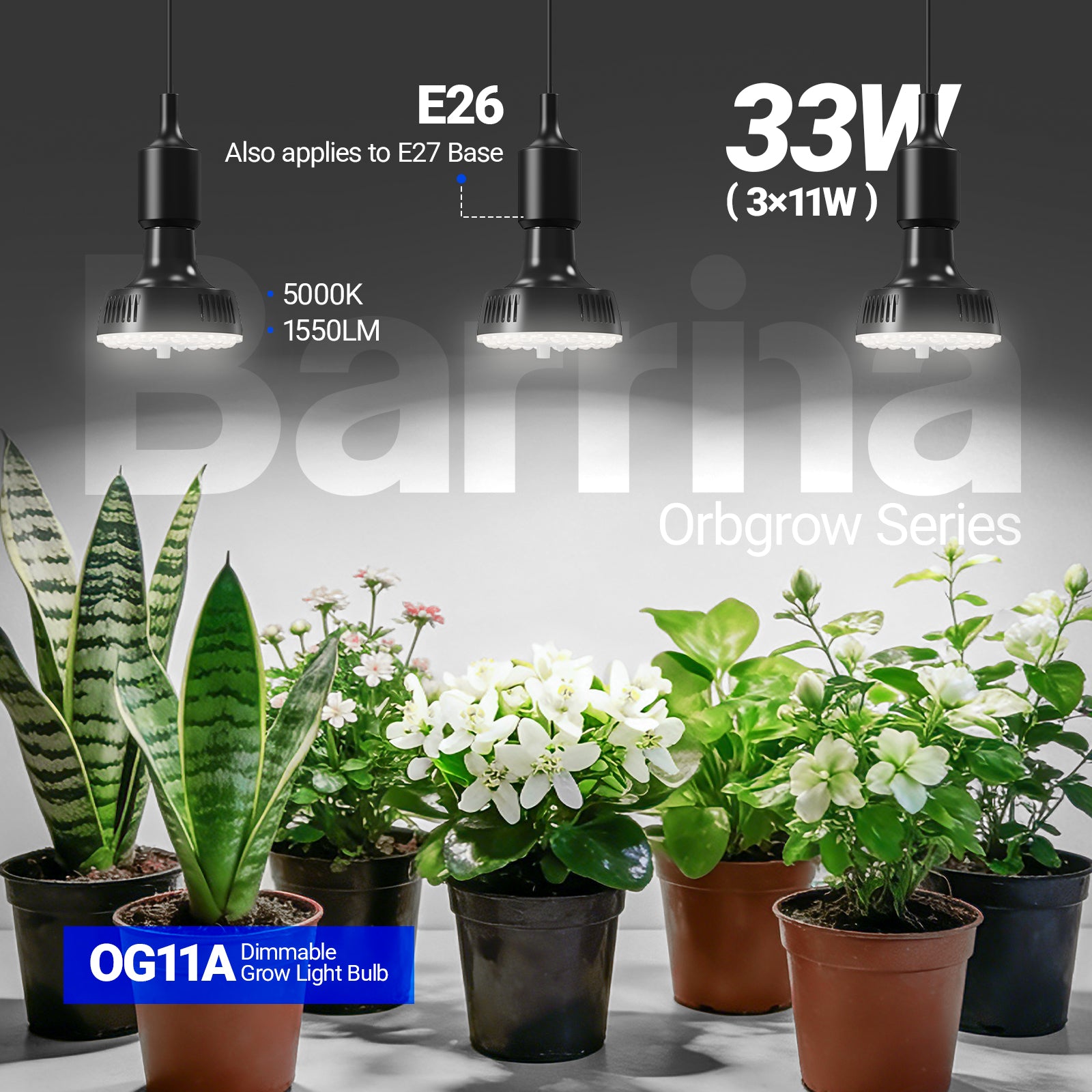 Barrina Orbgrow 11W LED Grow Light Bulb 5000K | Full Spectrum, Dimmable, Timer & E26 Base | OG11A (Black)