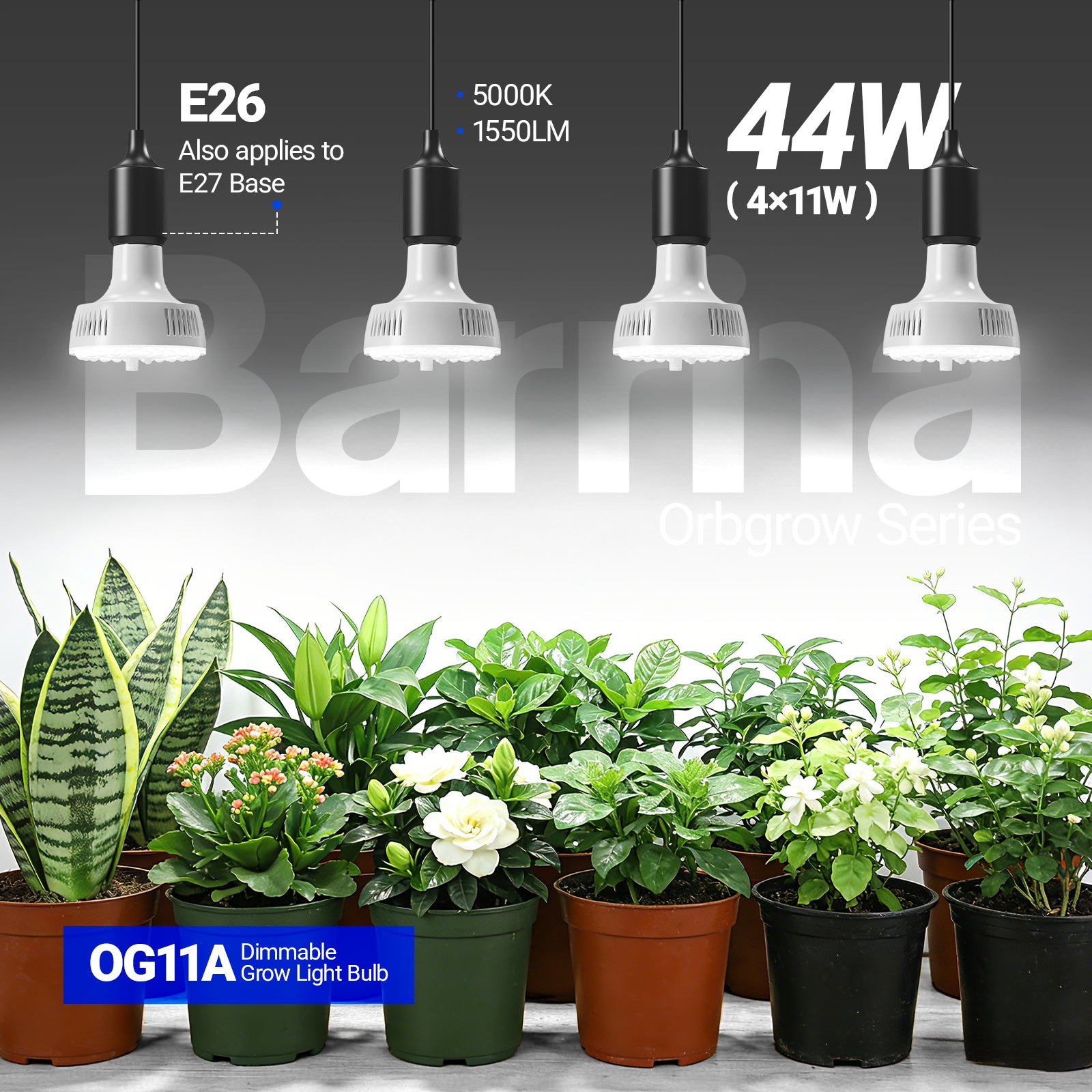 Barrina Orbgrow 11W LED Grow Light Bulbs 5000K | Full Spectrum, Dimmable, Timer & E26 Base | OG11A (White)