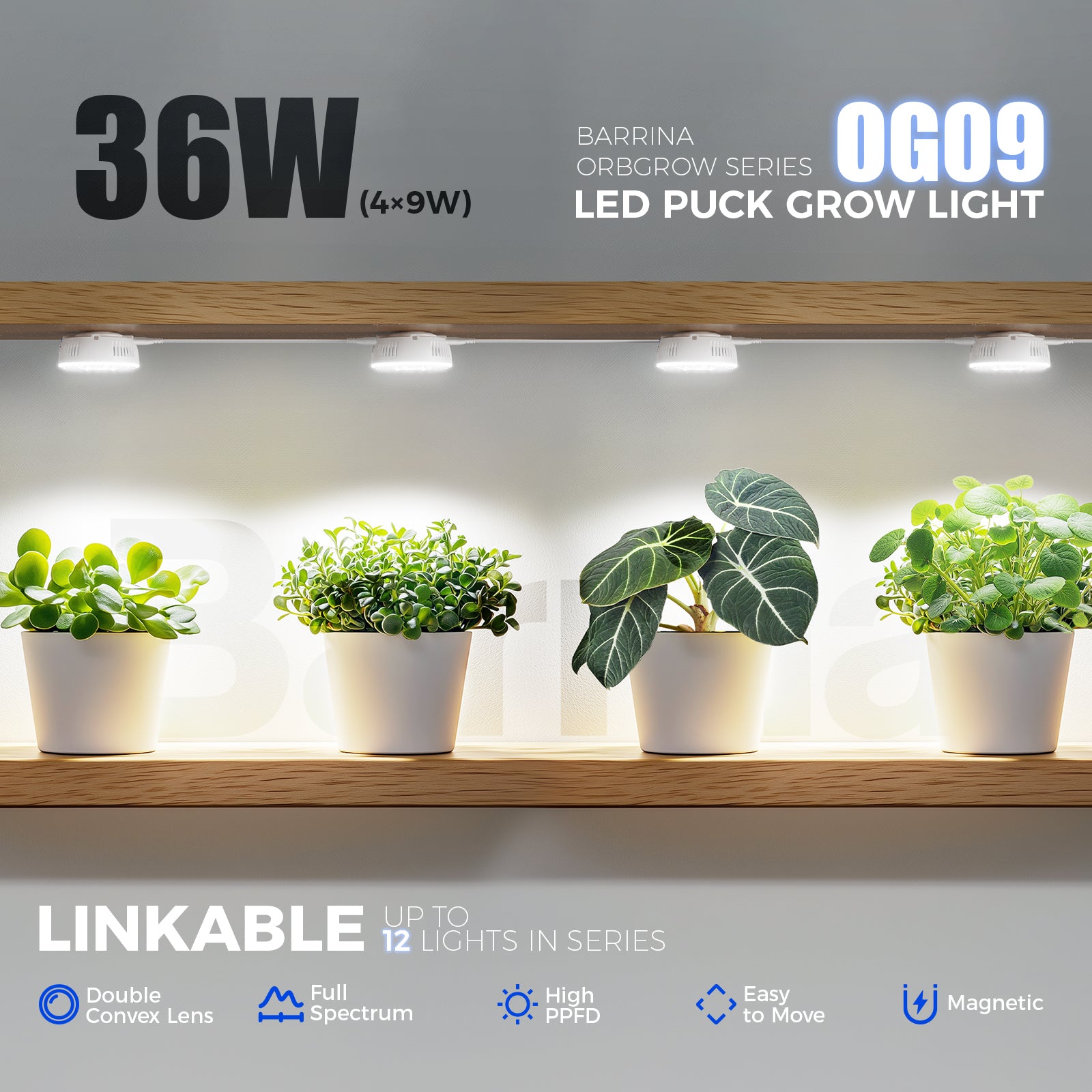 Barrina Orbgrow 9W LED Puck Grow Lights 5000K | Full Spectrum & Magnetic & Linkable with Timer & Dimmable | OG09