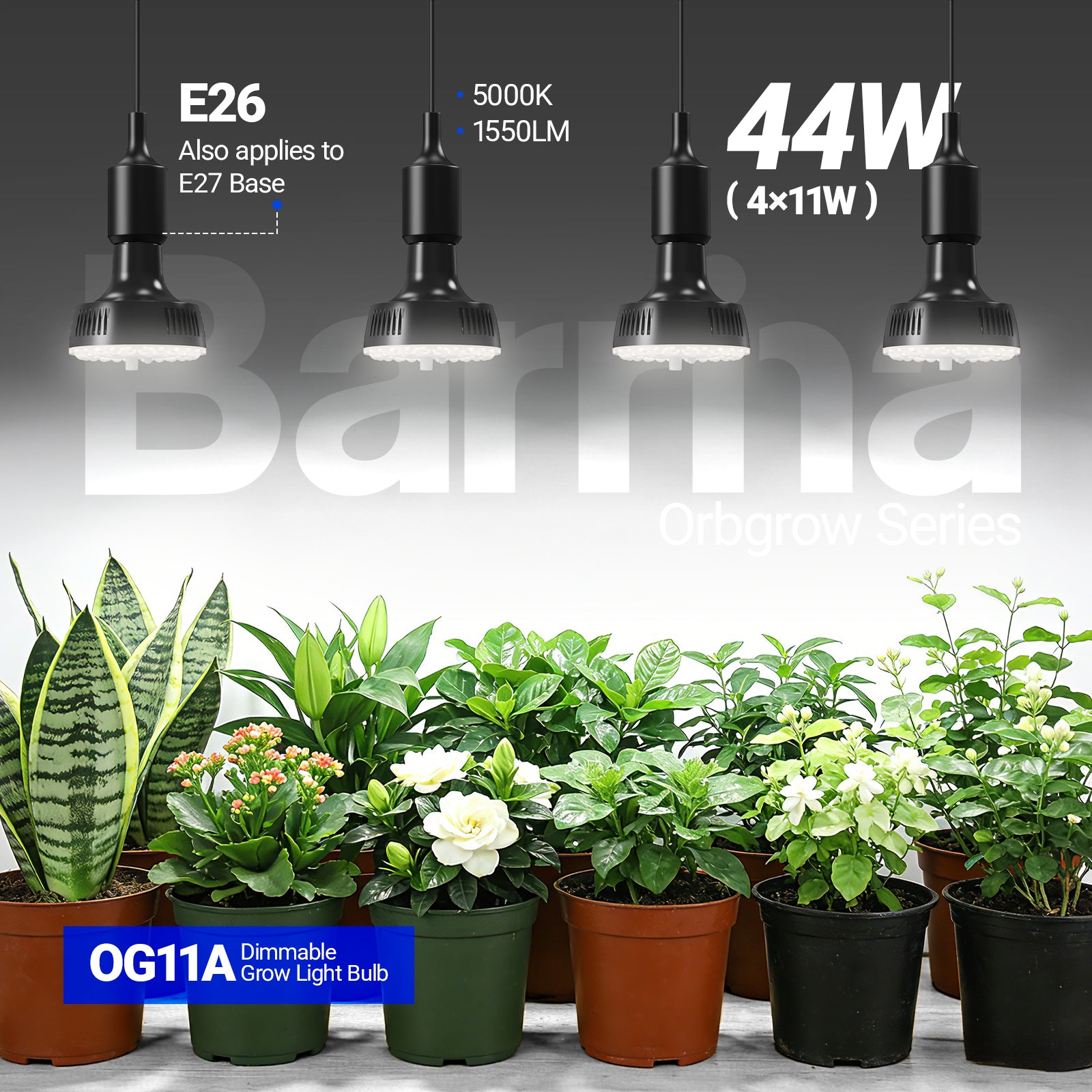 Barrina Orbgrow 11W LED Grow Light Bulb 5000K | Full Spectrum, Dimmable, Timer & E26 Base | OG11A (Black)