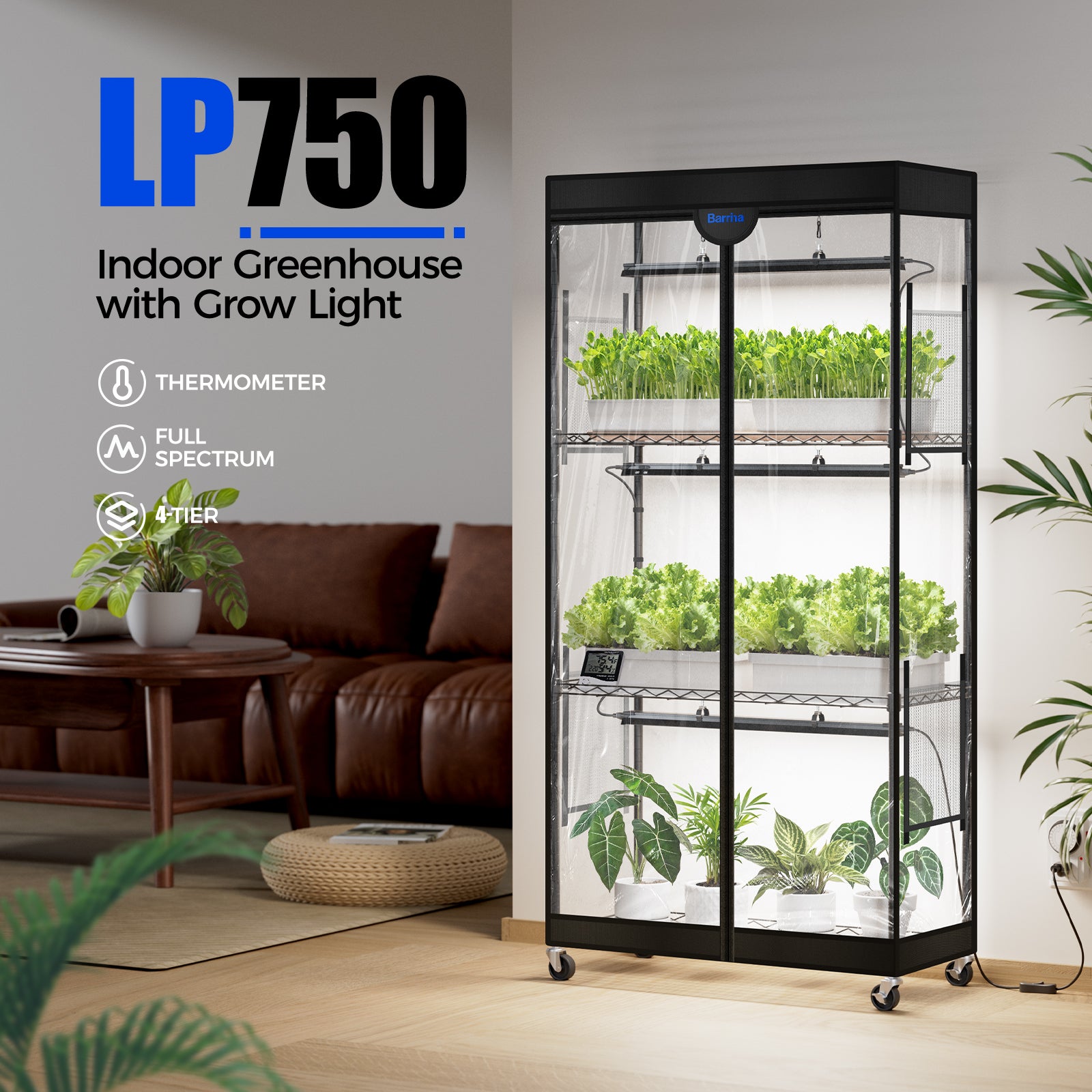 Barrina LP750 Greenhouse with 3-Pack 35W TX-S35 Grow Lights 2FT 5000K | Full Spectrum, Tent, Thermo-Hygrometer & Timer | LP600