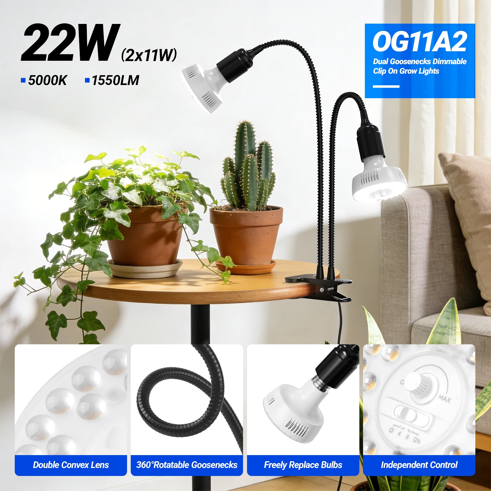 Barrina Orbgrow 2 x 11W Clip-On LED Grow Lights 5000K | Full Spectrum, Dimmable & Timing | OG11A