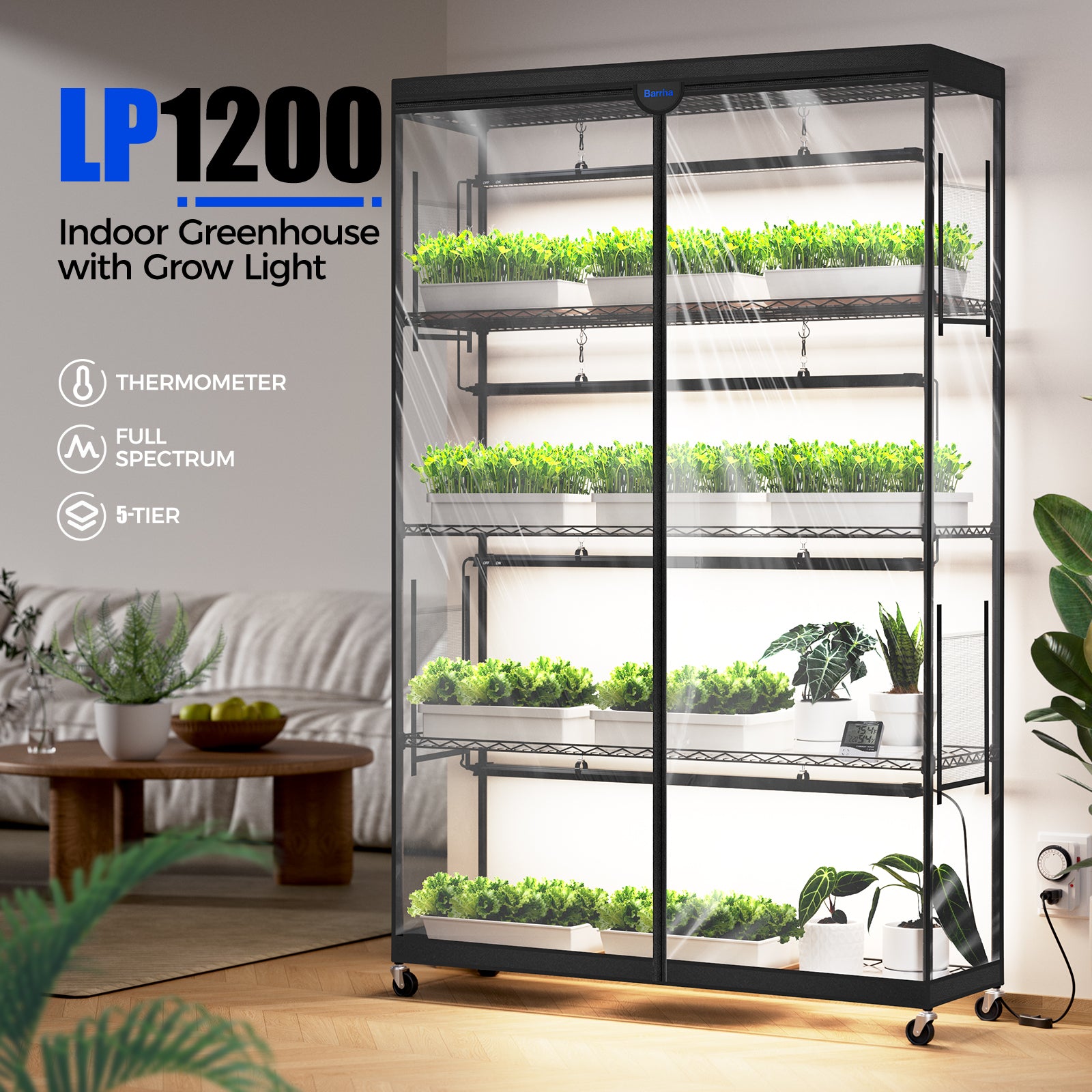 Barrina LP1200 Greenhouse with 4-Pack 50W TX-S50 Grow Lights 3.2FT 5000K | Full Spectrum, Tent, Thermo-Hygrometer & Timer | LP1200
