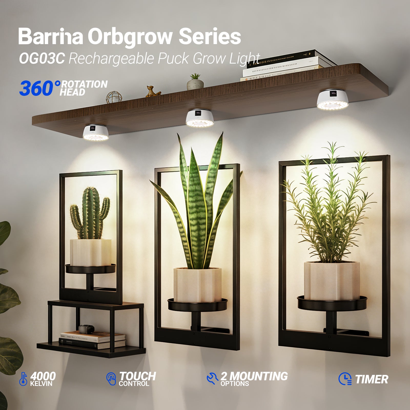 Barrina Orbgrow Rechargeable LED Puck Grow Lights 4000K | Full Spectrum, Magnetic & Timing | OG03C (White)