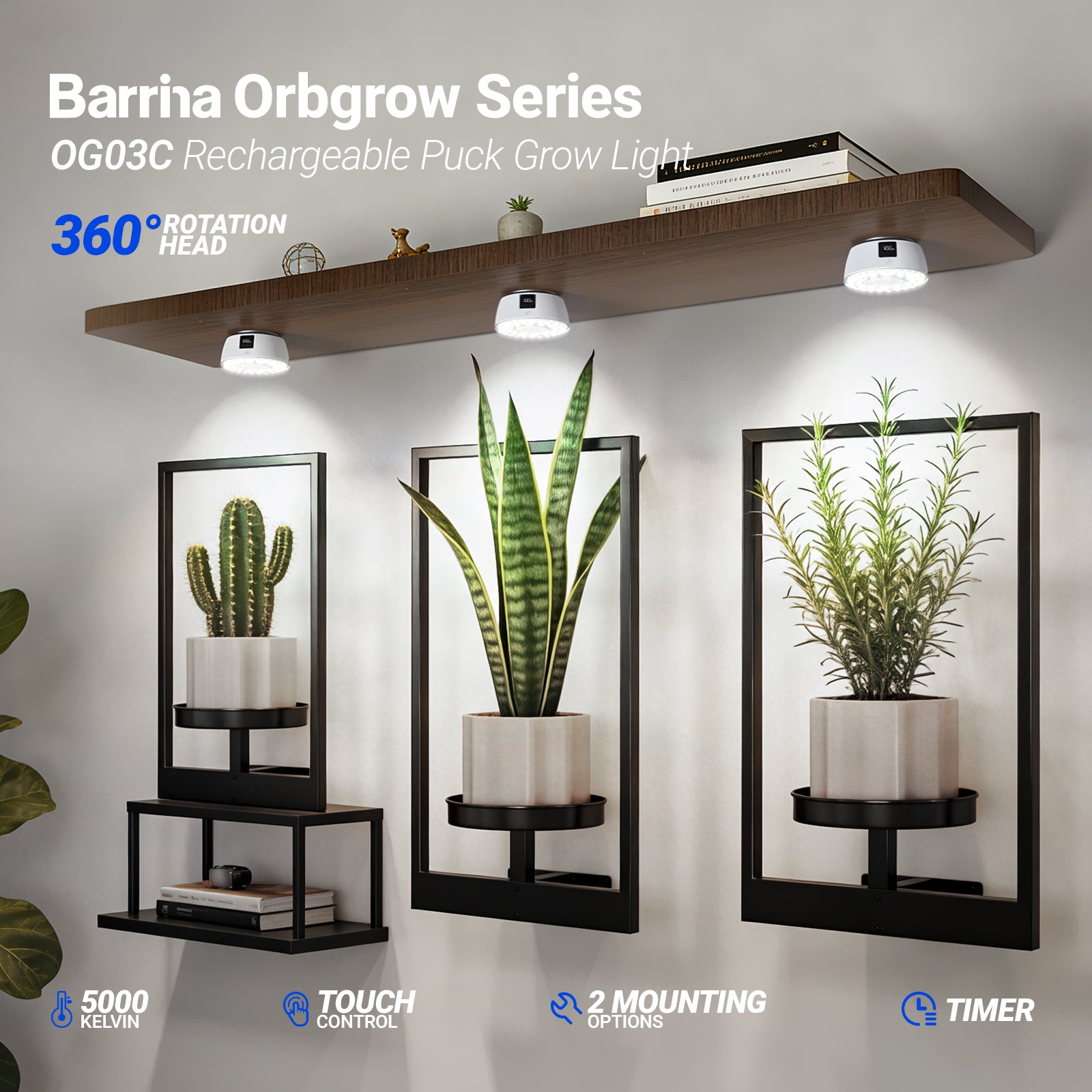 Barrina Orbgrow Rechargeable LED Puck Grow Lights 5000K | Full Spectrum, Magnetic & Timing | OG03C (White)