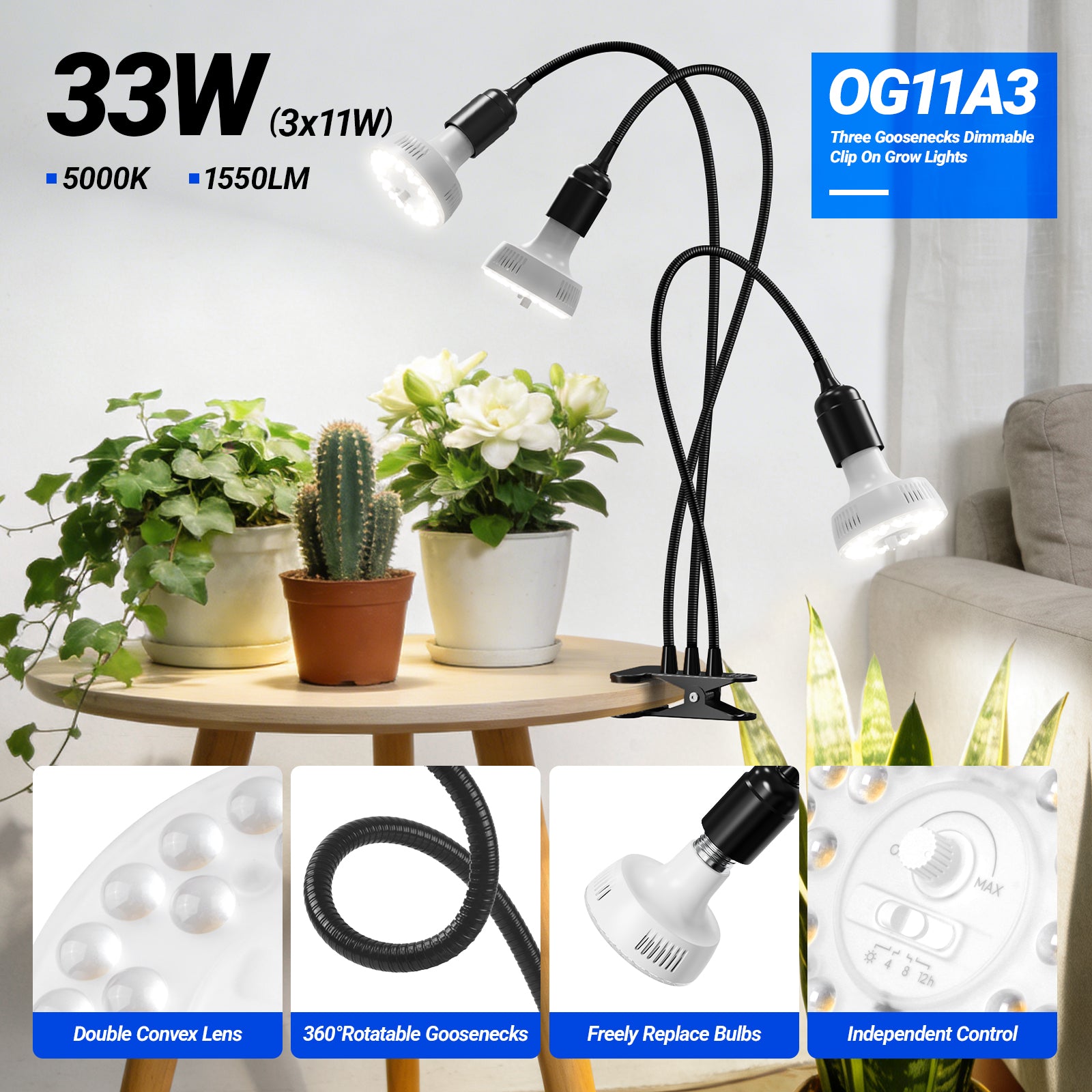 Barrina Orbgrow 3 x 11W Clip-On LED Grow Lights 5000K | Full Spectrum, Dimmable & Timing | OG11A