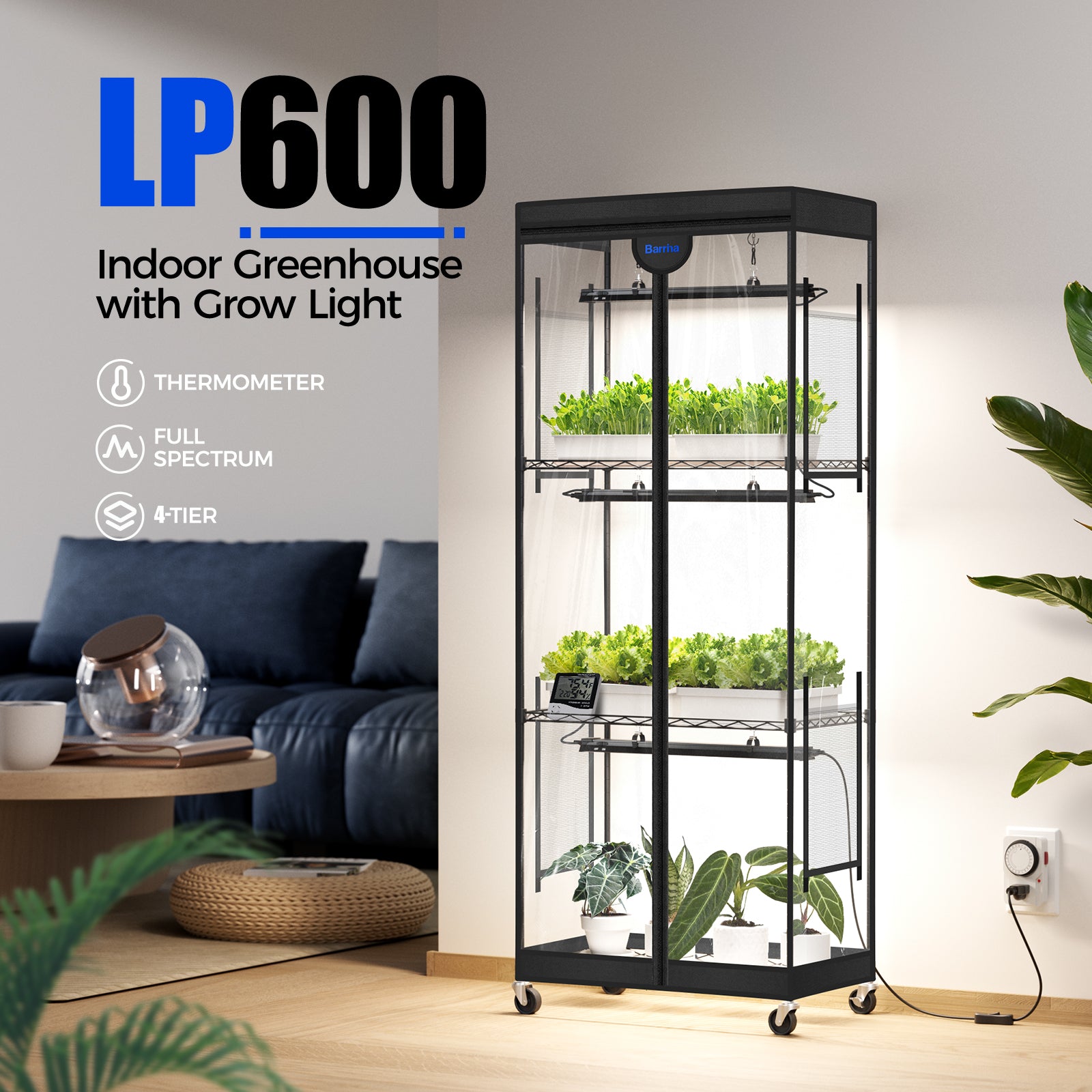 Barrina LP600 Greenhouse with 3-Pack 25W TX-S25 Grow Lights 1.6FT 5000K | Full Spectrum, Tent, Thermo-Hygrometer & Timer | LP600