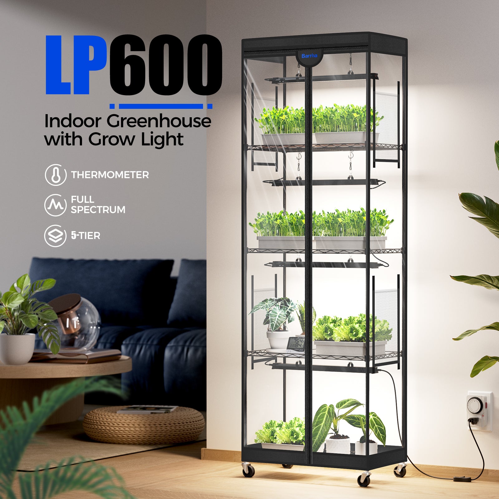 Barrina LP600 Greenhouse with 4-Pack 25W TX-S25 Grow Lights 1.6FT 5000K | Full Spectrum, Tent, Thermo-Hygrometer & Timer | LP600