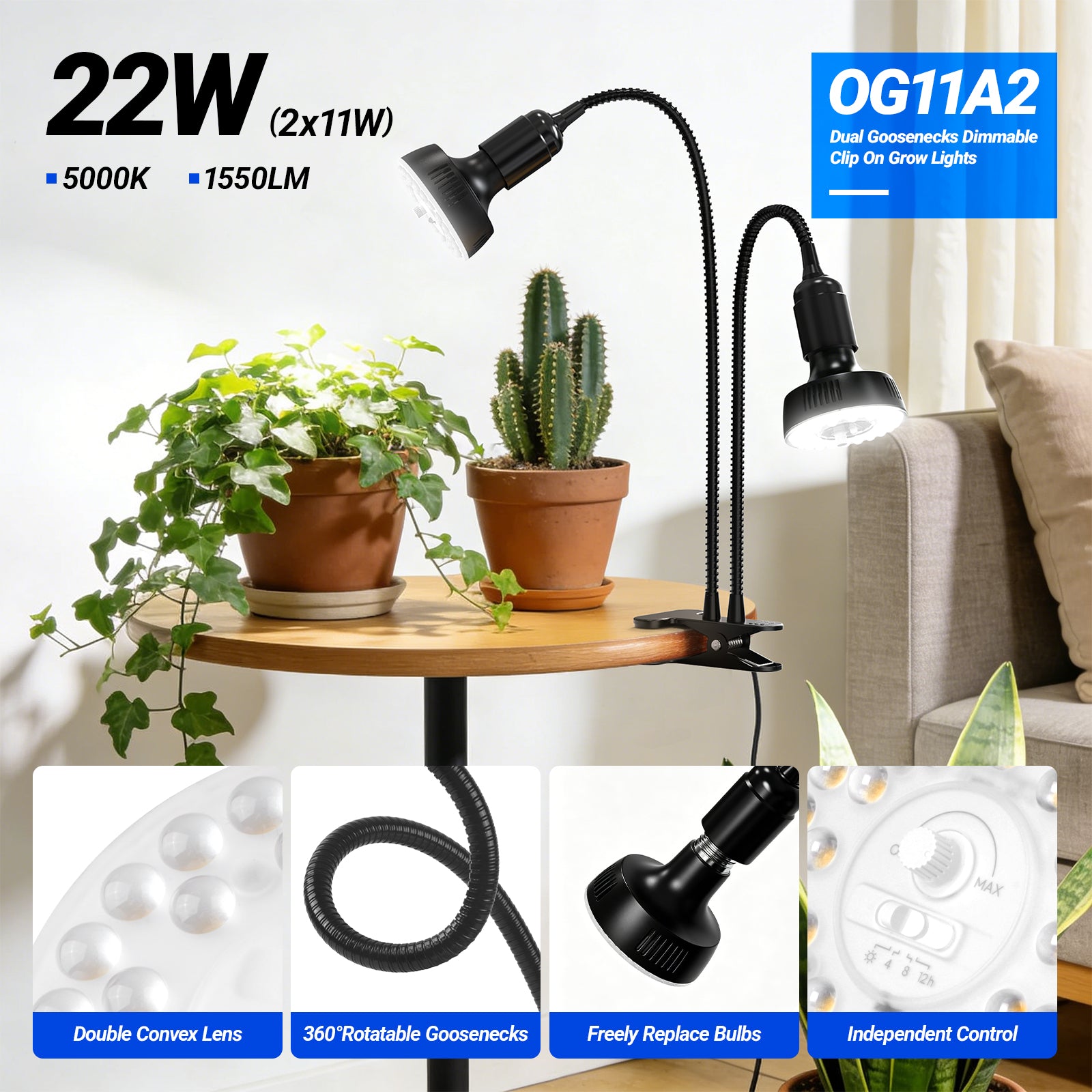 Barrina Orbgrow 2 x 11W Clip-On LED Grow Lights 5000K | Full Spectrum, Dimmable & Timing | OG11A2