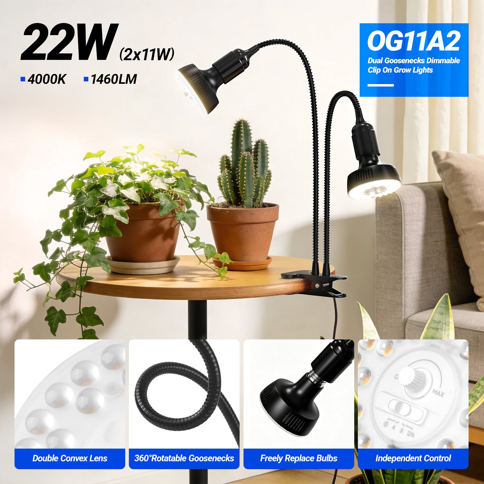 Barrina Orbgrow 2 x 11W Clip-On LED Grow Lights 4000K | Full Spectrum, Dimmable & Timing | OG11A2