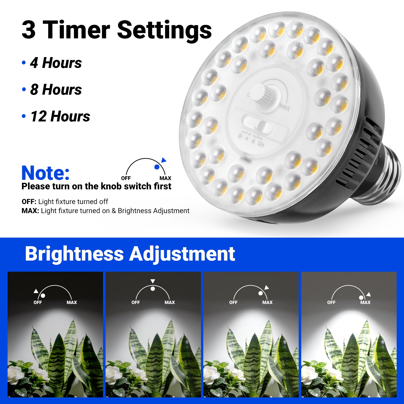 Barrina Orbgrow 11W LED Grow Light Bulb 5000K | Full Spectrum, Dimmable, Timer & E26 Base | OG11A (Black)