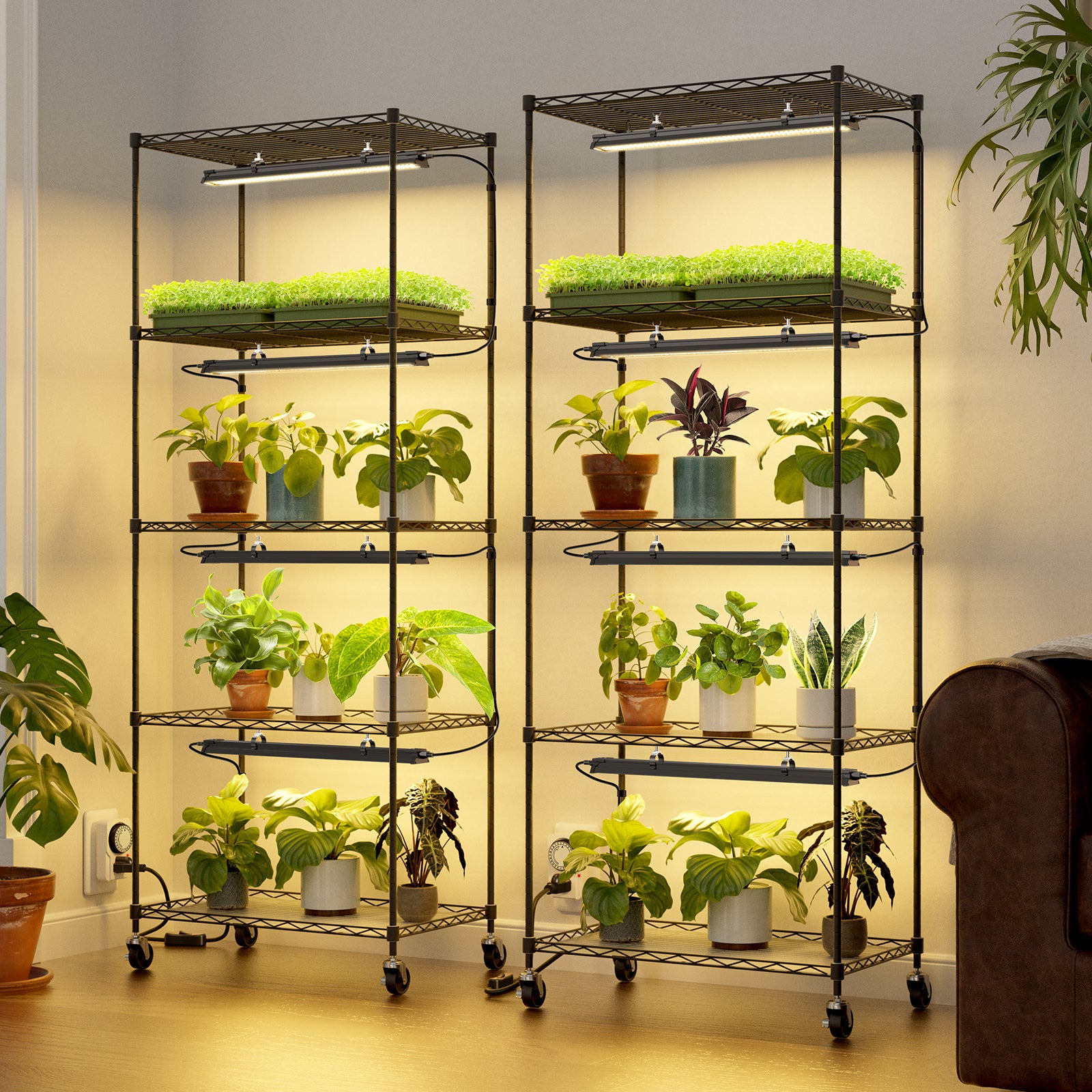 Barrina 5-Tier Plant Stand with 4-Pack 25W TX Series Grow Lights 1.6FT Yellow Light | Full Spectrum & Timer | CX91