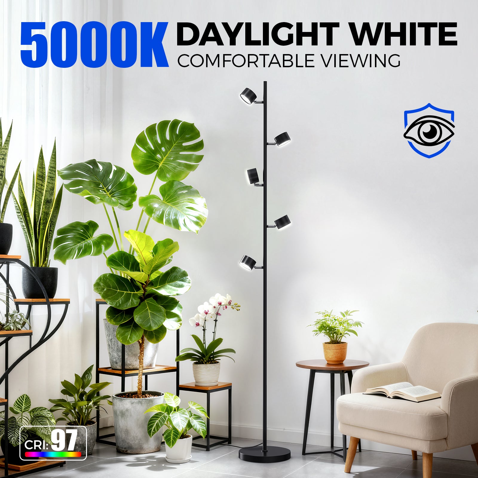 Barrina T1X5 50W LED Standing Grow Light 6FT 5000K | Full Spectrum & Adjustable 5 Heads | T1X5