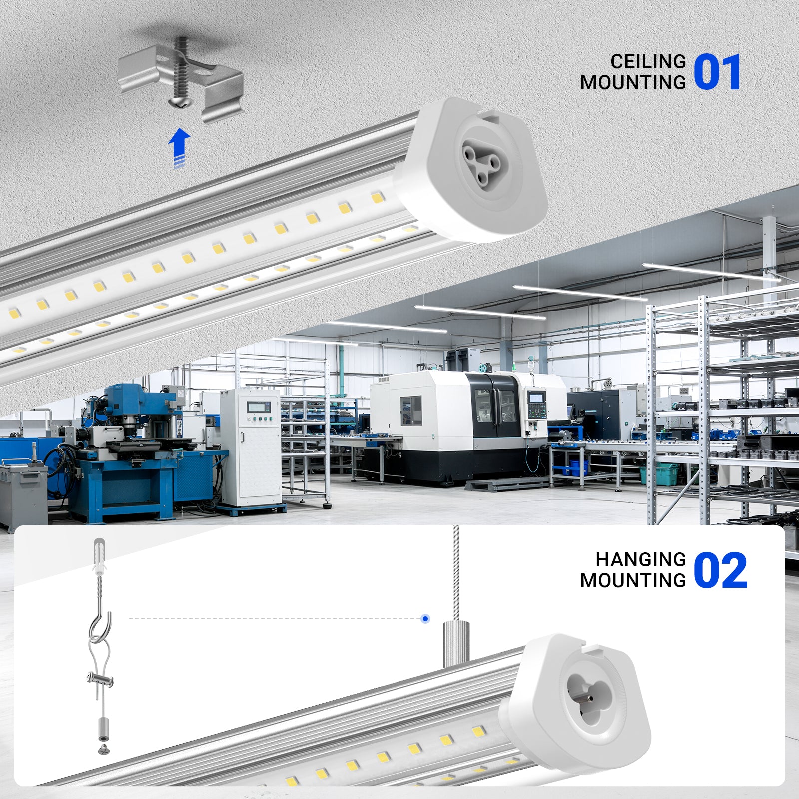Barrina T8 140W LED Shop Lights 8FT 5000K 17000LM | Clear Cover, V Shape Tube & Hanging | BAX140a