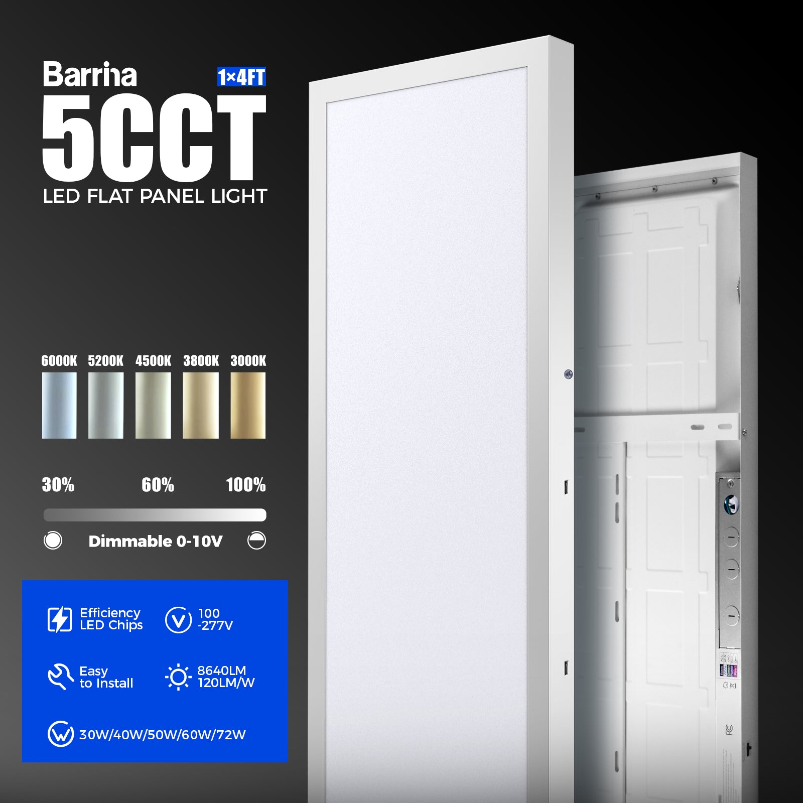 Barrina 72W LED Flat Panel Lights 3000K - 6000k 8640LM | 0-10V Dimmable, 5CCT | ‎JM-6035