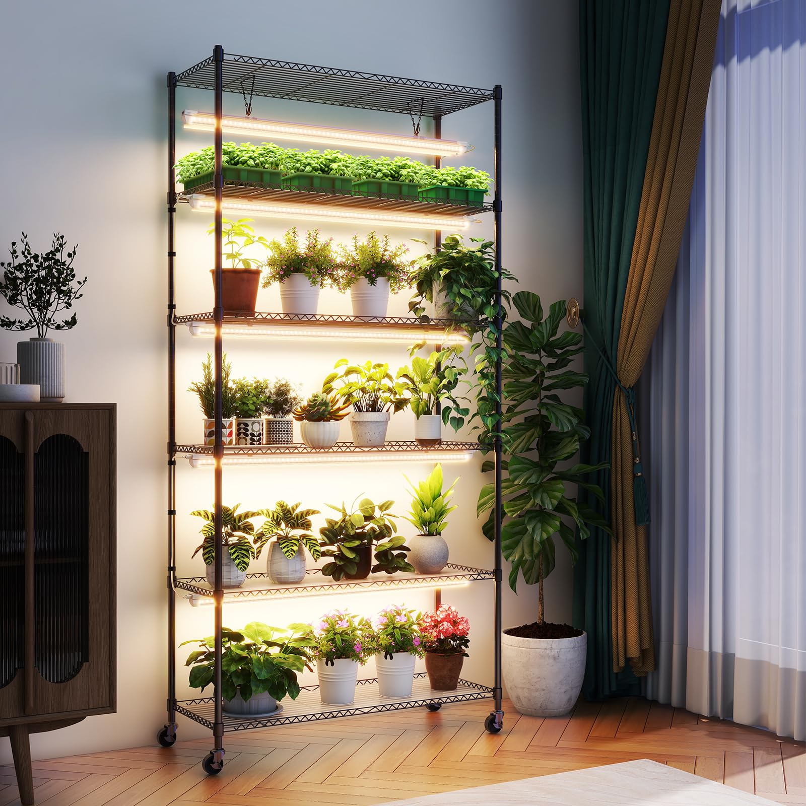 Barrina T8 6-Tire Plant Stand with 5Pcs 30W LED Grow Lights 3FT Yellow Light